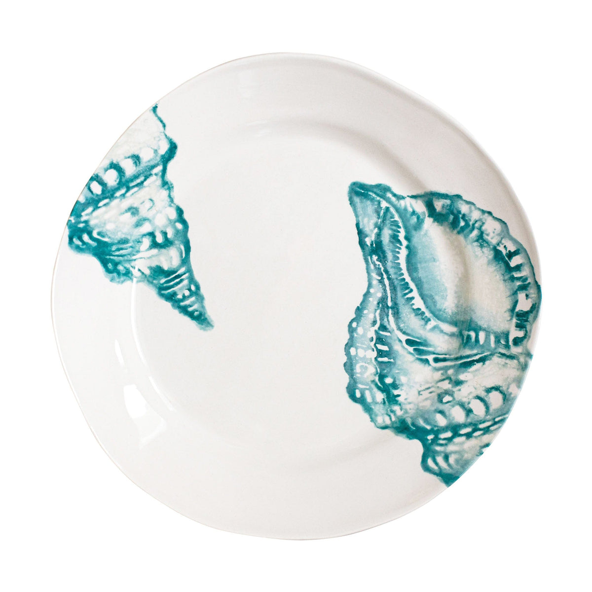 Lido Aqua Dinner Plate, white Italian earthenware hand painted with teal seashells