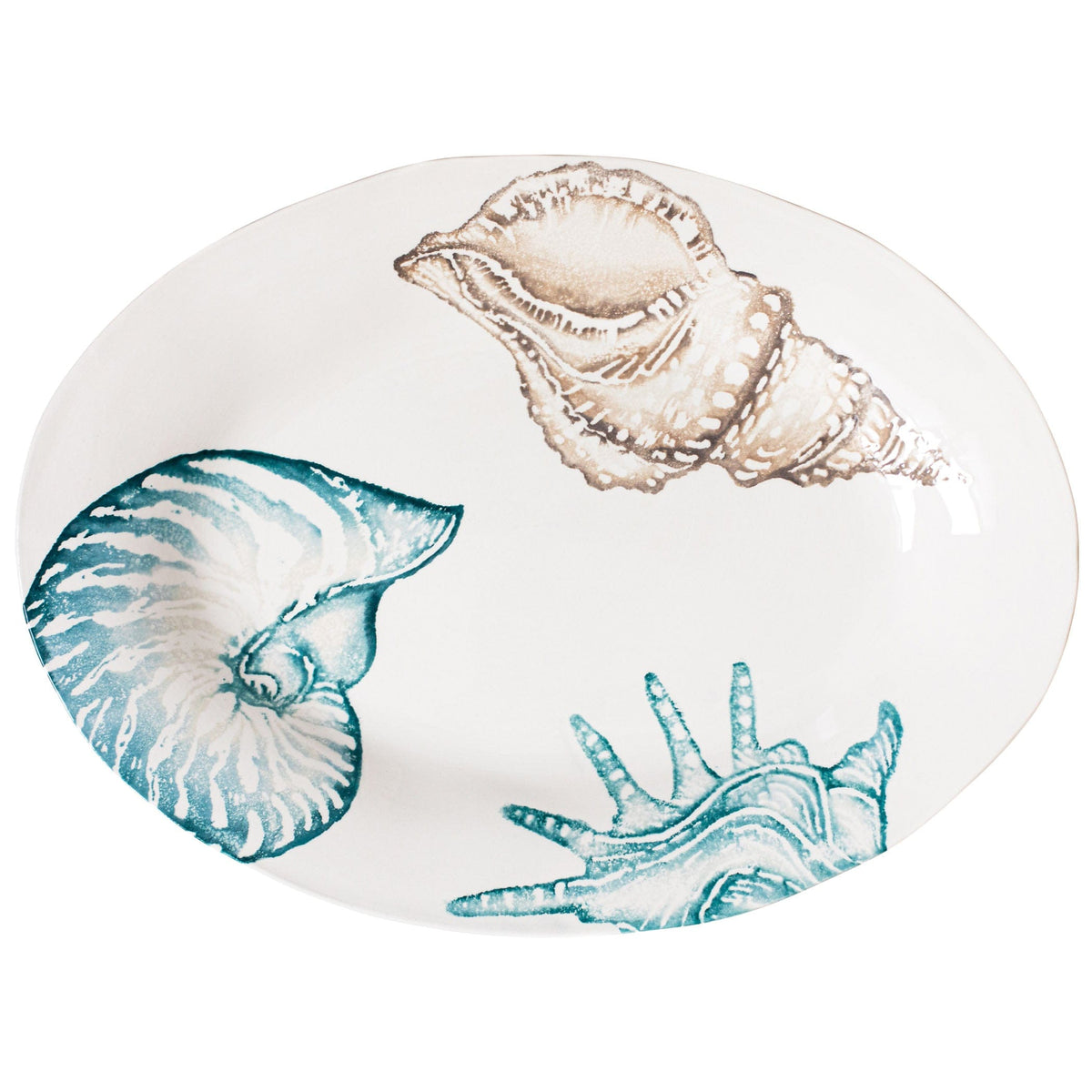 Lido Medium Oval Platter, white Italian earthenware hand painted with teal and taupe seashells