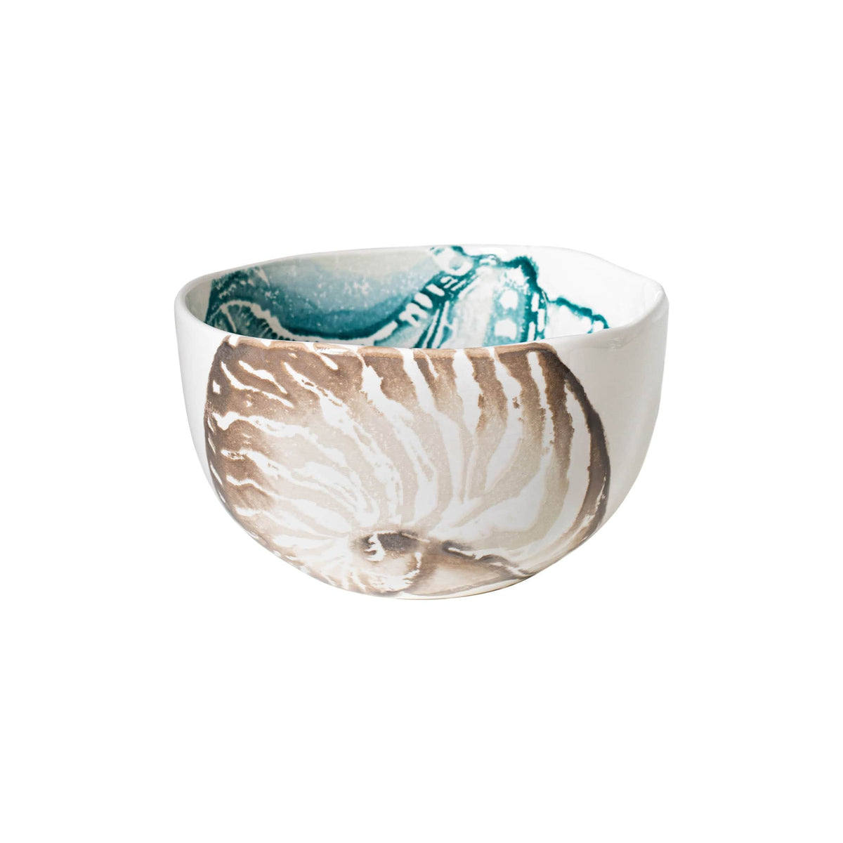 Lido Small Deep Serving Bowl, white Italian earthenware hand painted with a taupe nautilus shell outside and teal shell inside