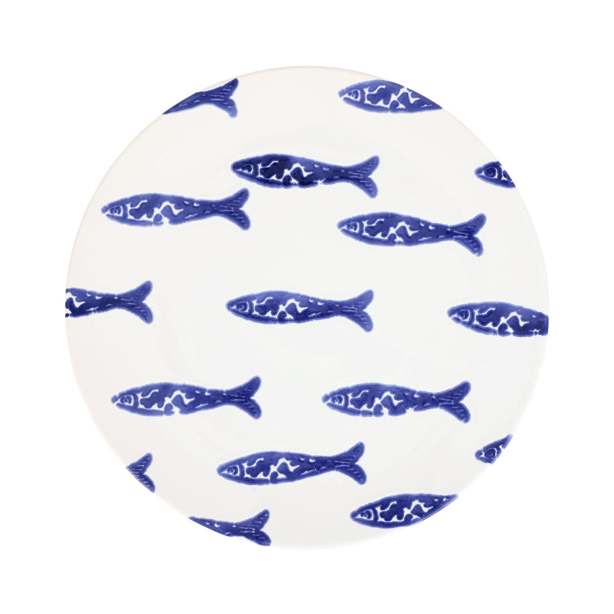 Santorini Minnows Dinner Plate, hand-painted little blue minnows swimming across white