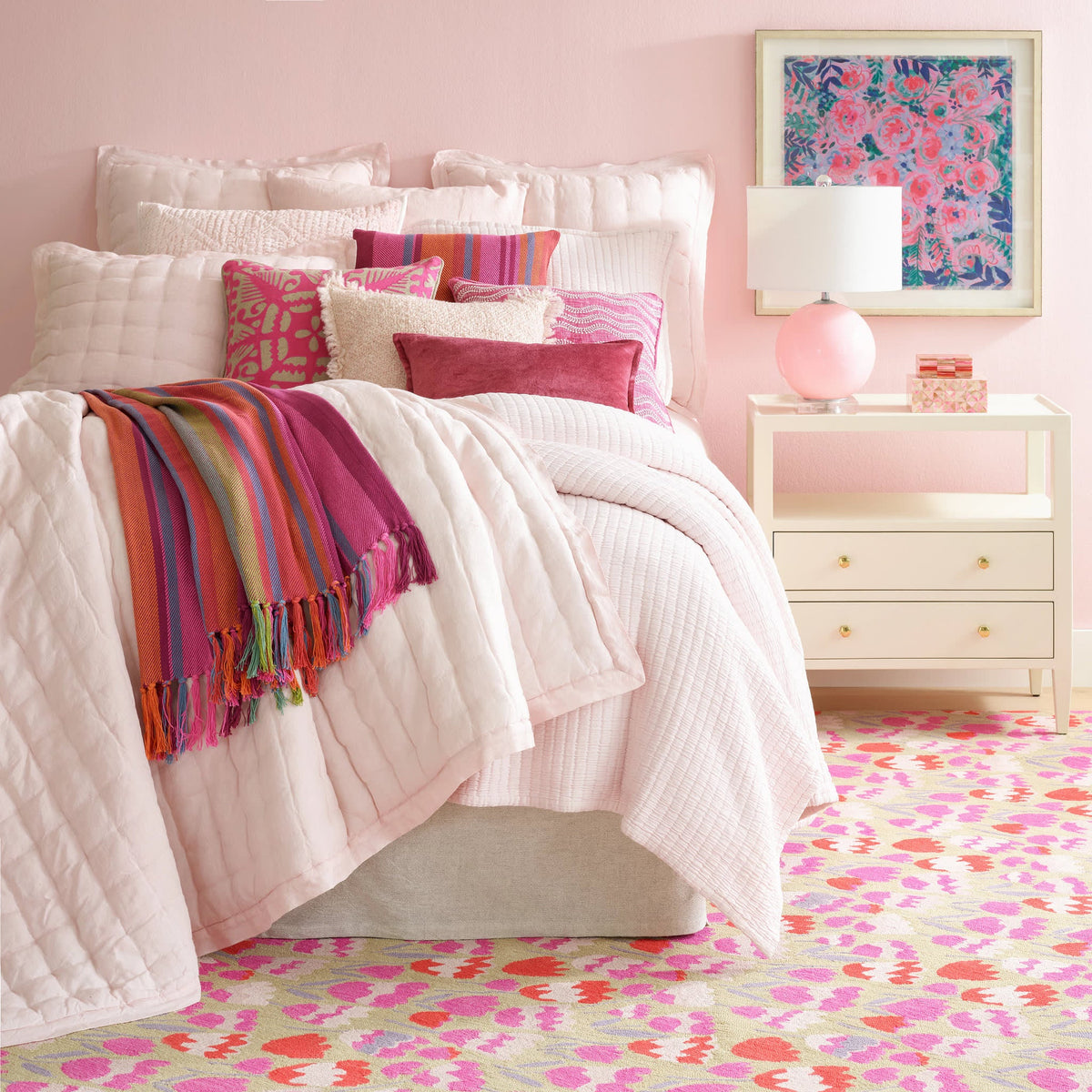 Boyfriend Matelasse Coverlet, Slipper Pink, styled on the bed - Starboard Lane