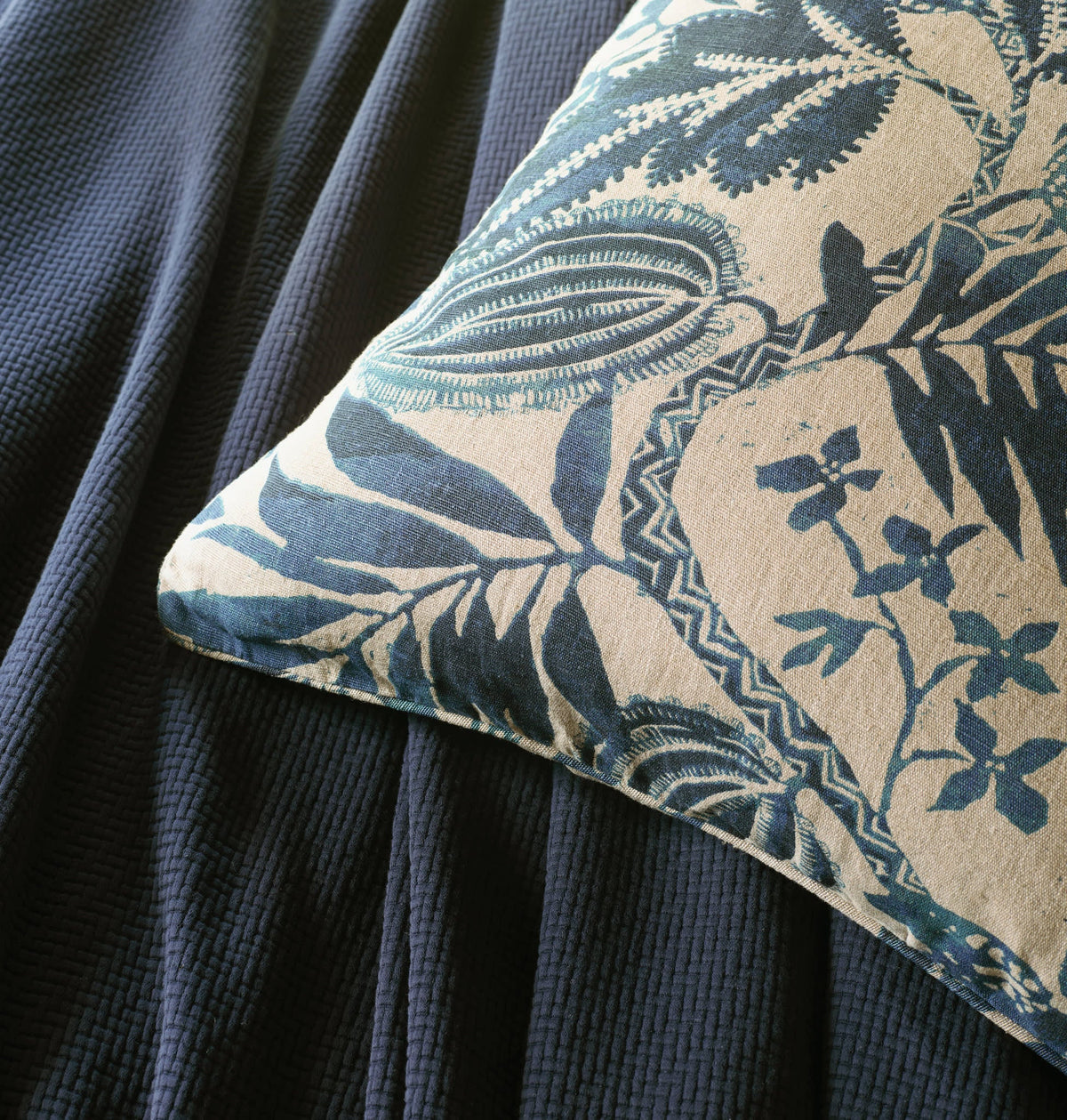 Antigua Linen Duvet Cover - Blue, styled on the bed - Starboard Lane