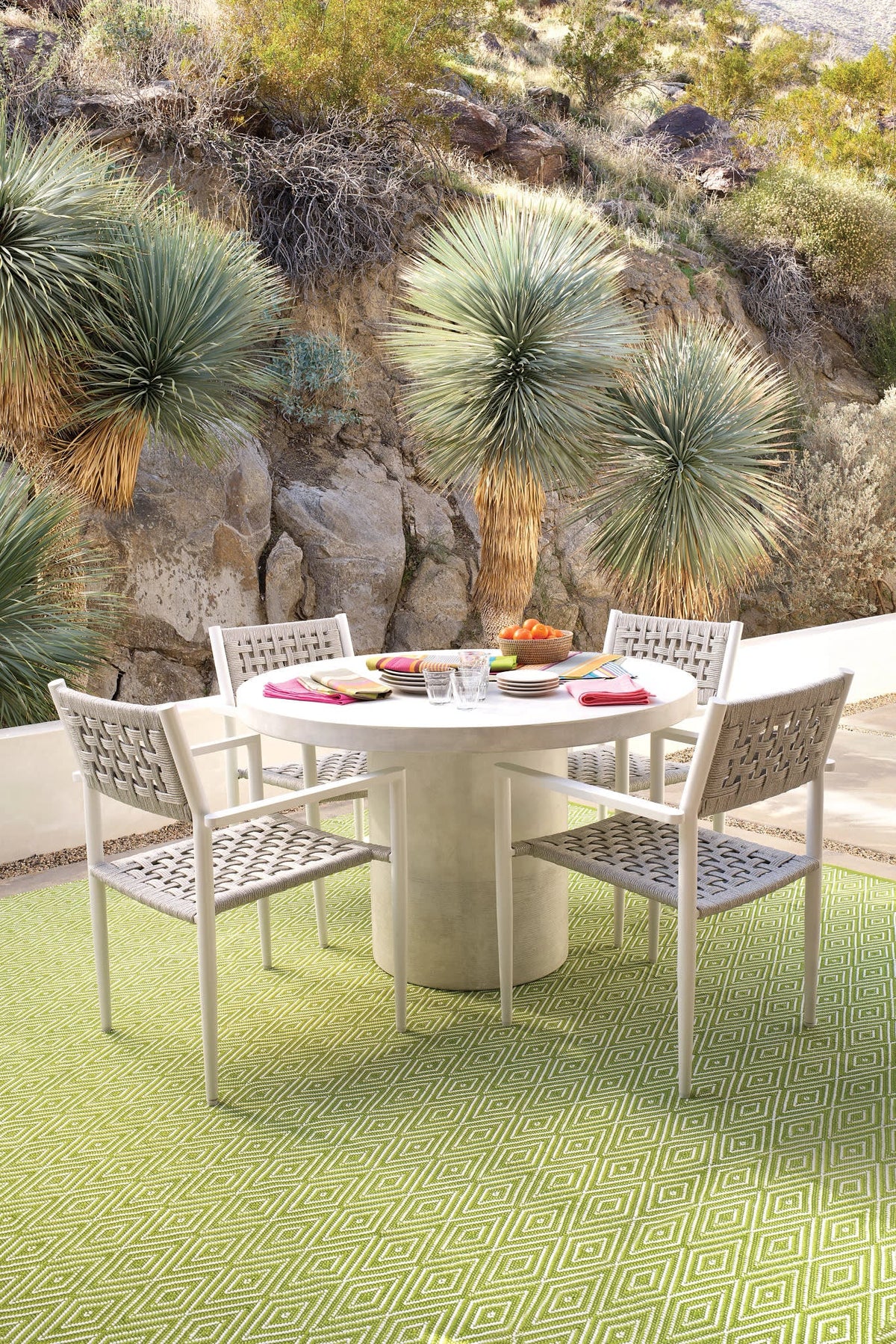 Diamond Indoor/Outdoor Rug, Sprout/White, styled in a room - Starboard Lane