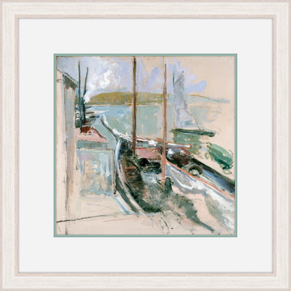 John Henry Twachtman impressionist harbor painting with sailboats in soft green and pink