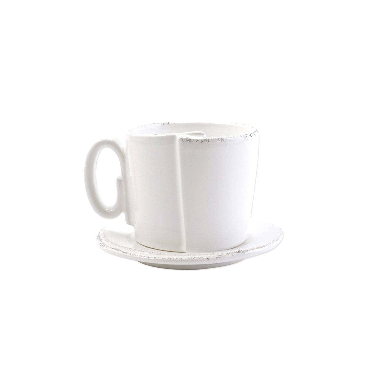 Lastra White Cup and Saucer, white Italian stoneware with a rustic edge