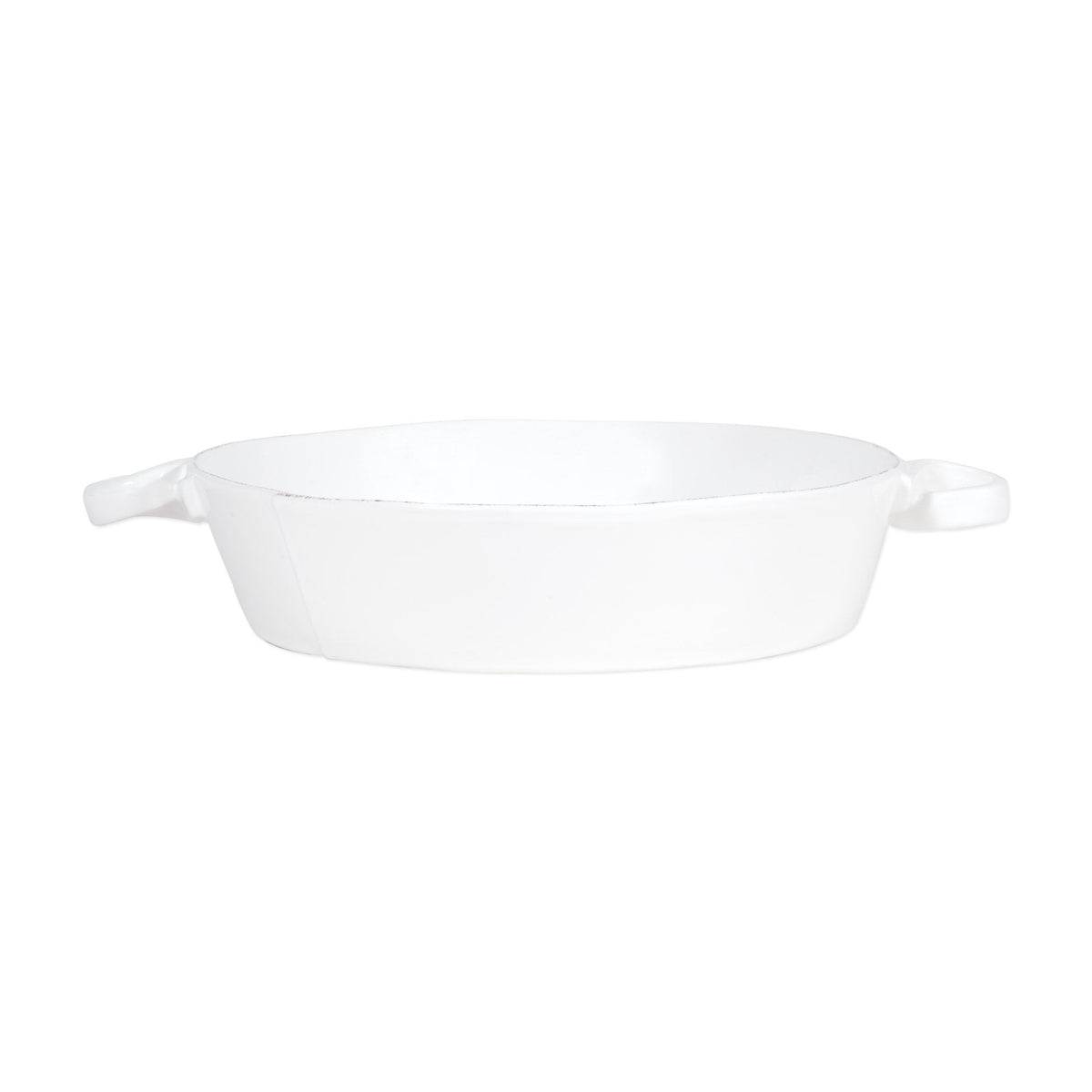 Lastra White Handled Round Baker, white Italian stoneware with a rustic edge
