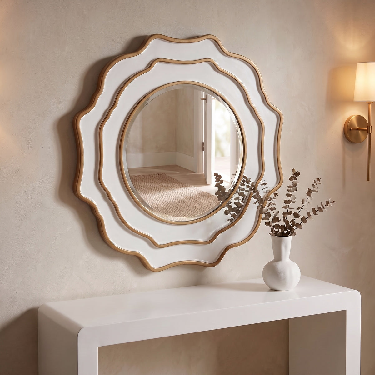 Marisol Scalloped Wall Mirror, styled in a room - Starboard Lane
