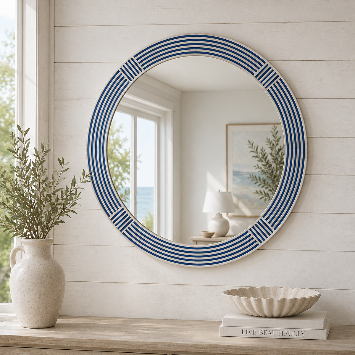 Blue Circle Wall Mirror, styled in a room - Starboard Lane