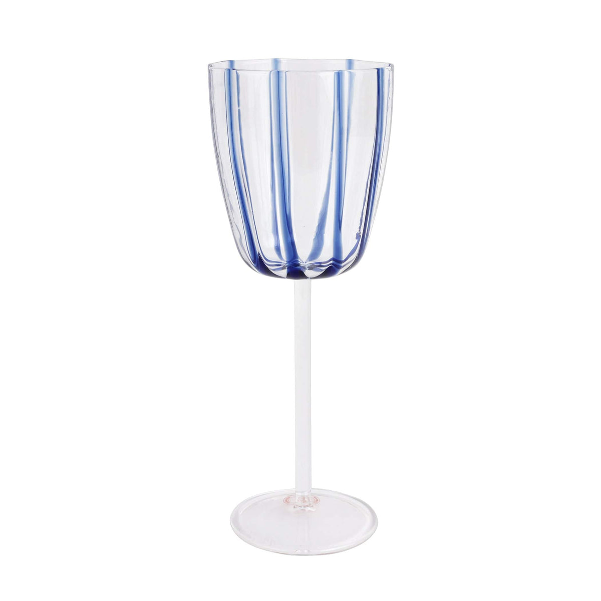 Nuovo Stripe Blue Wine Glass, mouthblown glass with painterly blue stripes