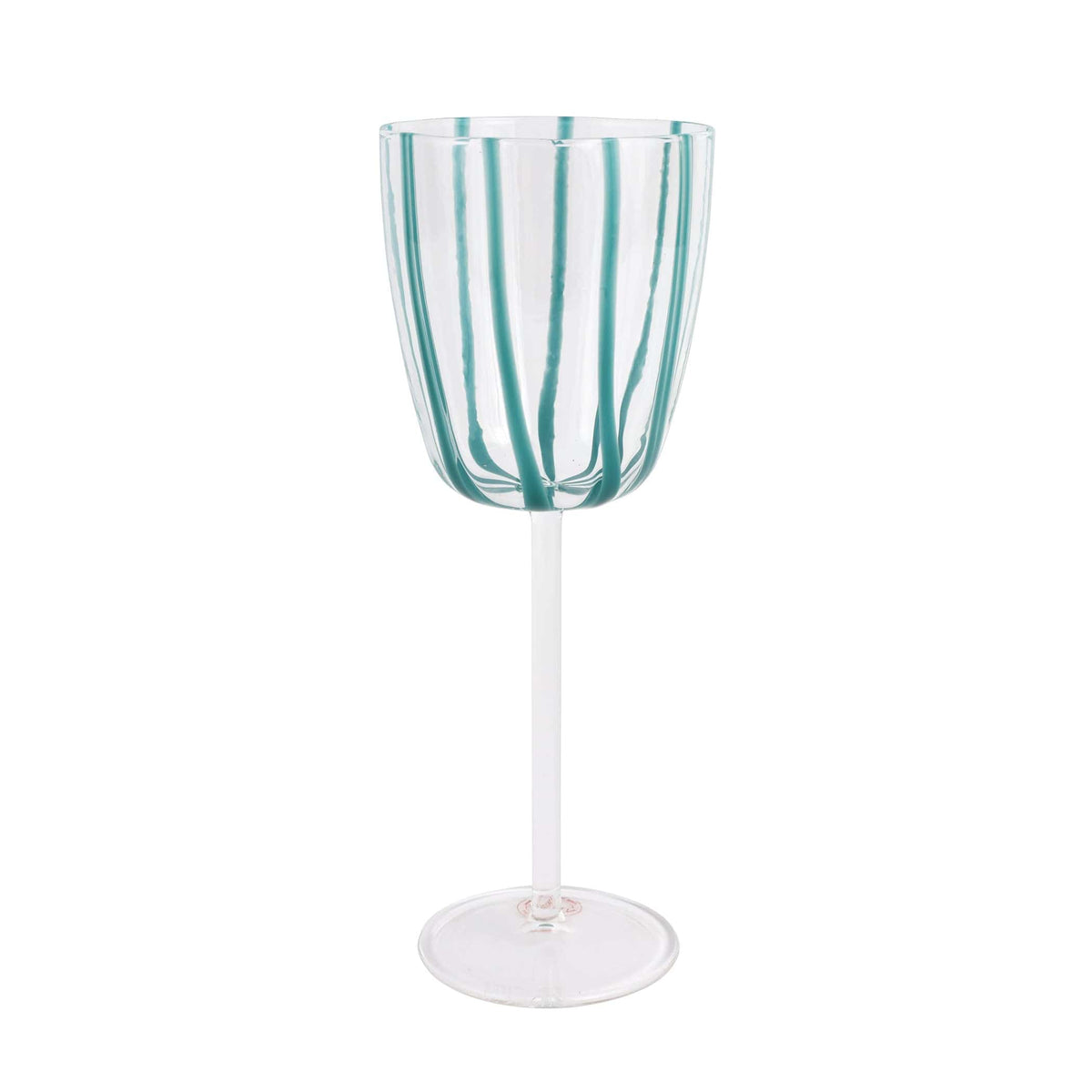 Nuovo Stripe Teal Wine Glass, mouthblown glass with painterly teal stripes