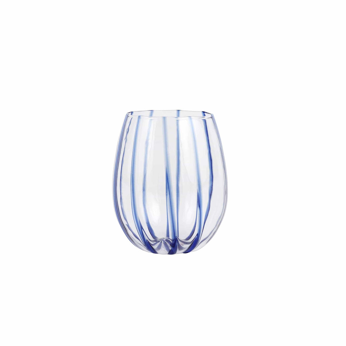 Nuovo Stripe Blue Stemless Wine Glass, mouthblown glass with painterly blue stripes