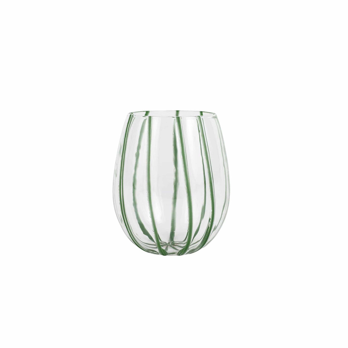 Nuovo Stripe Green Stemless Wine Glass, mouthblown glass with painterly green stripes
