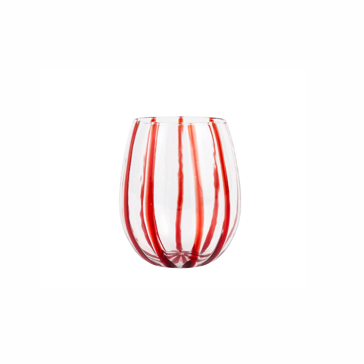 Nuovo Stripe Red Stemless Wine Glass, mouthblown glass with painterly red stripes