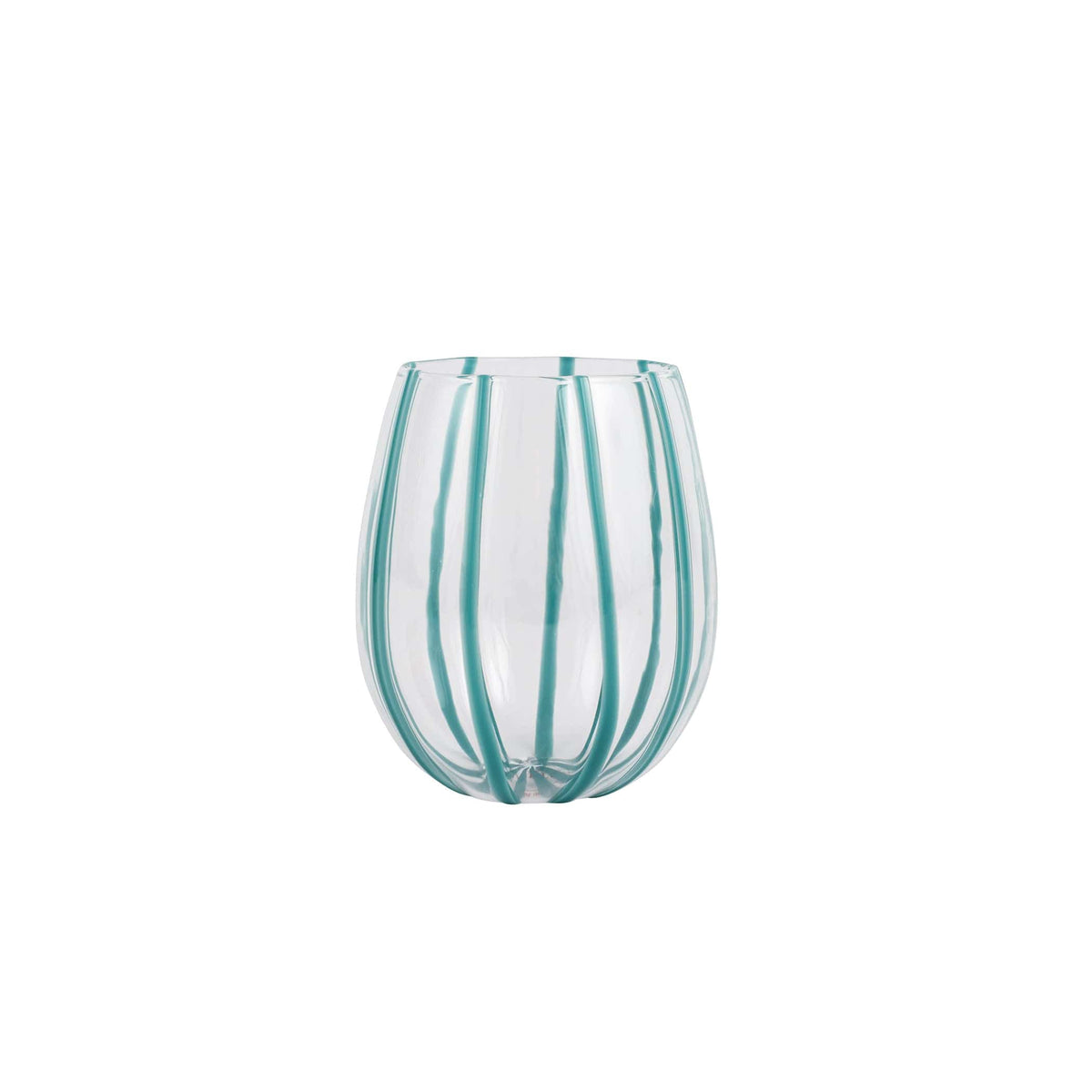 Nuovo Stripe Teal Stemless Wine Glass, mouthblown glass with painterly teal stripes