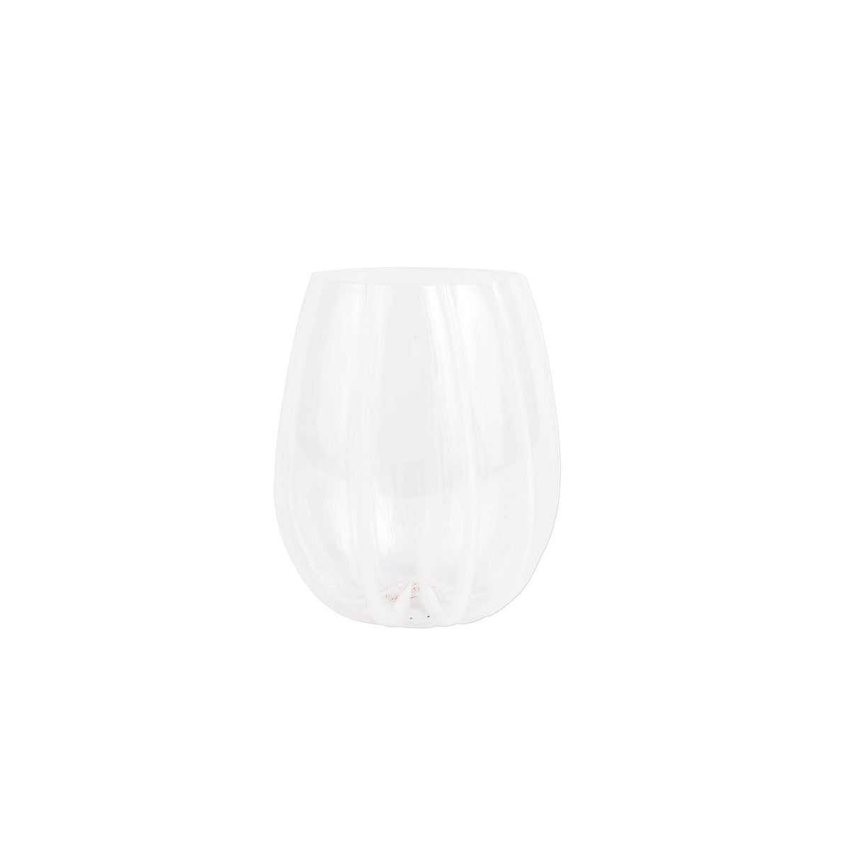 Nuovo Stripe White Stemless Wine Glass, mouthblown glass with painterly white stripes