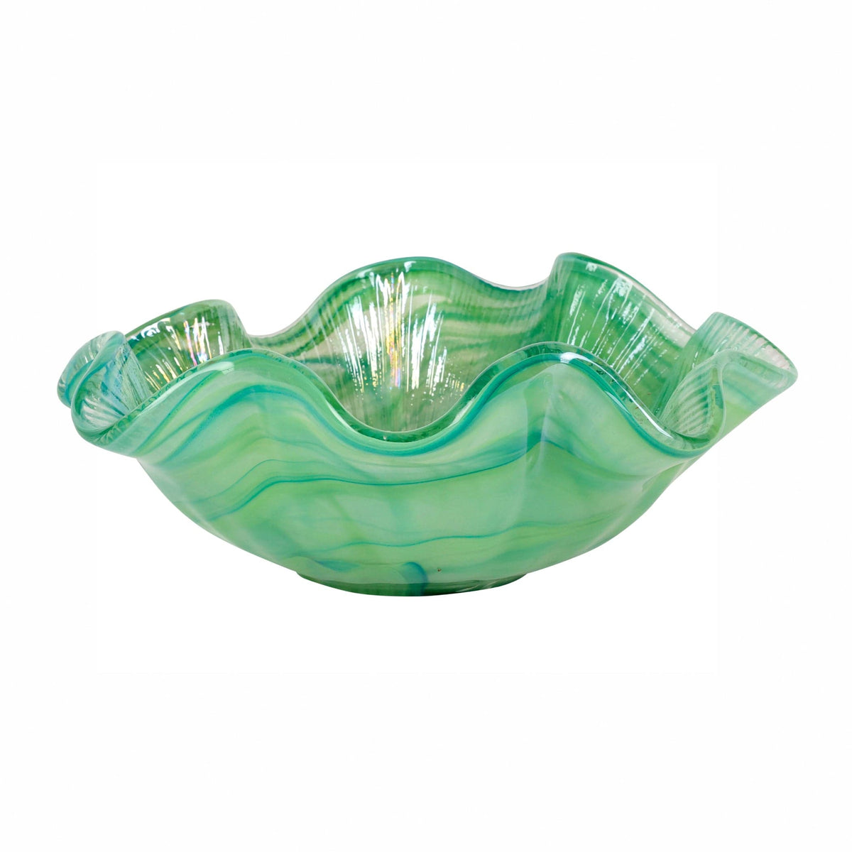 Onda Glass Green Ruffled Round Bowl, mouthblown wavy glass in swirling sea green