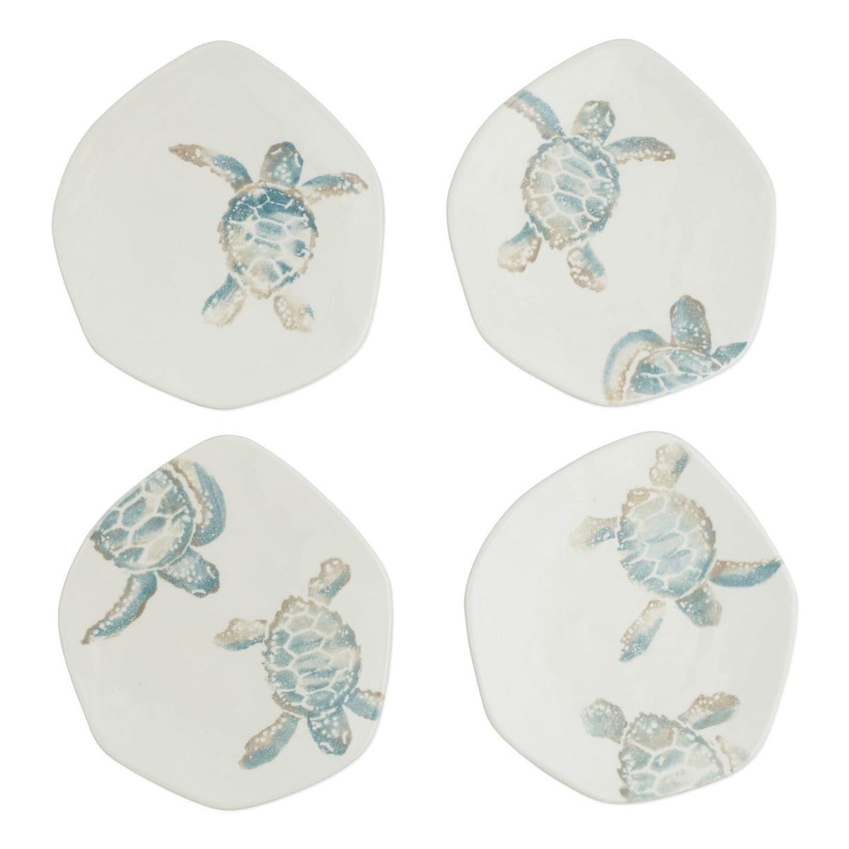 Tartaruga Assorted Salad Plates - Set of 4, hand-painted aqua and taupe sea turtle