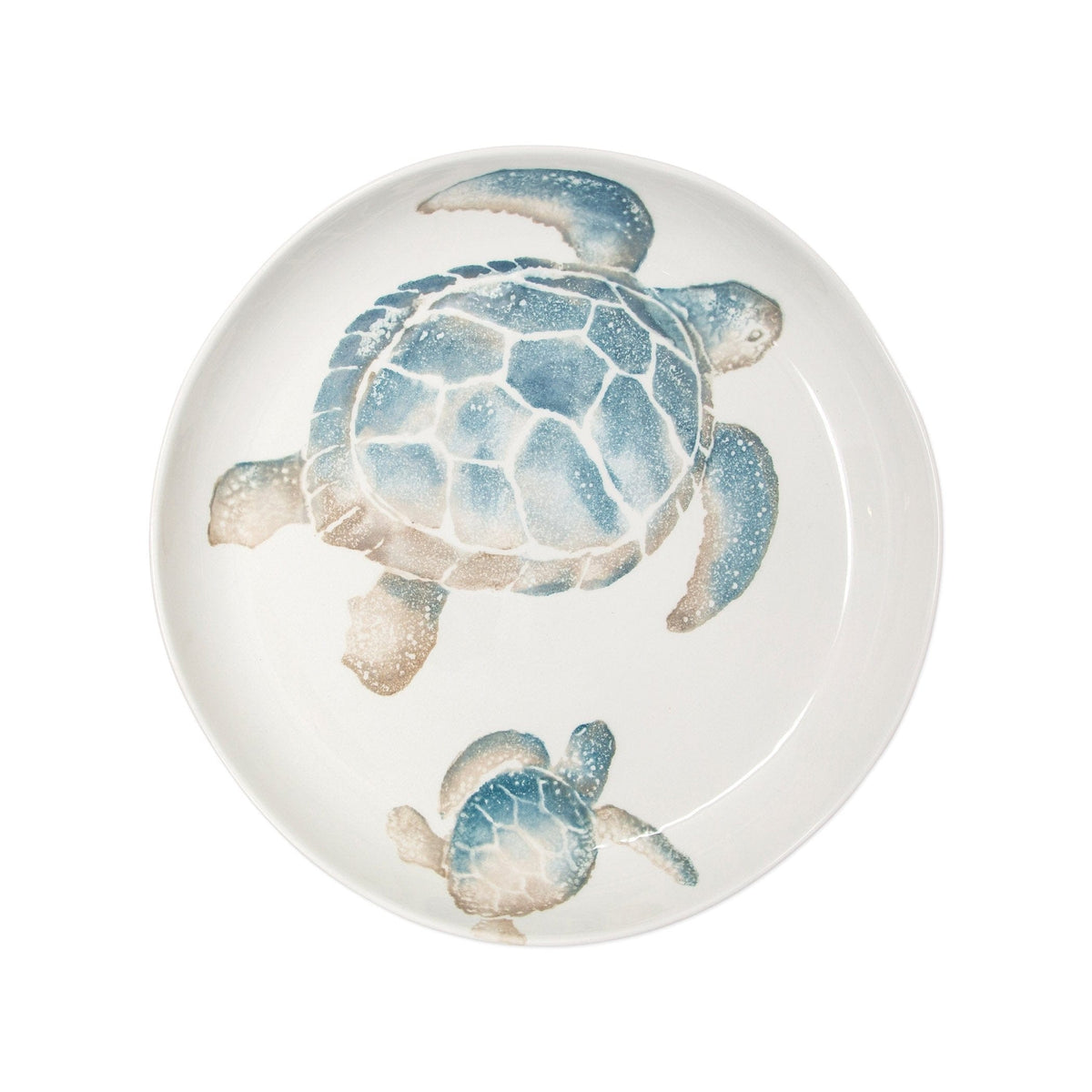 Tartaruga Round Shallow Bowl, hand-painted aqua and taupe sea turtle