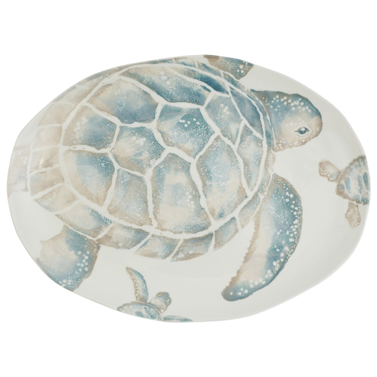 Tartaruga Medium Oval Platter, hand-painted aqua and taupe sea turtle