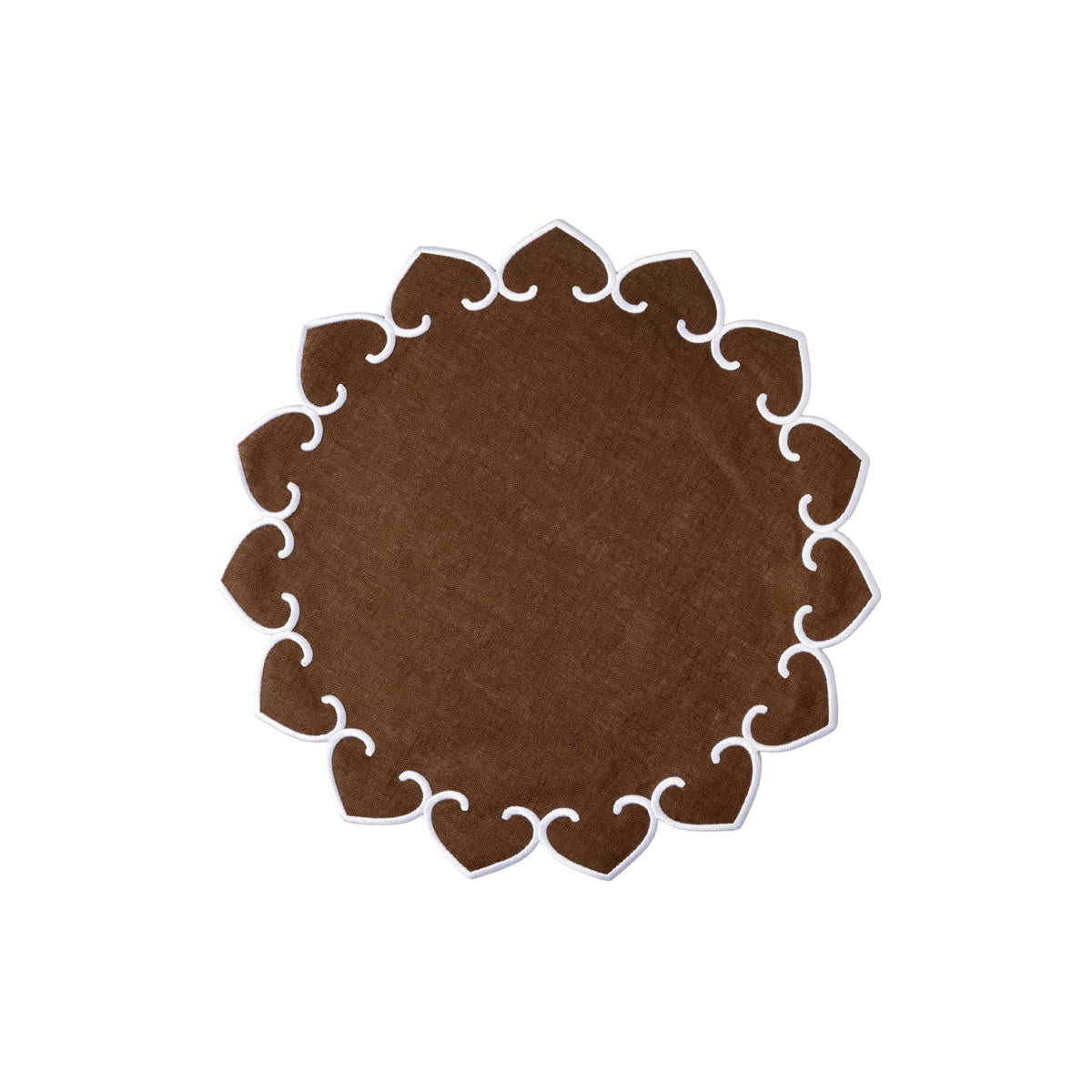 Tessuti Chocolate Brown Round Placemats with White Stitching - Set of 4, linen with white stitching