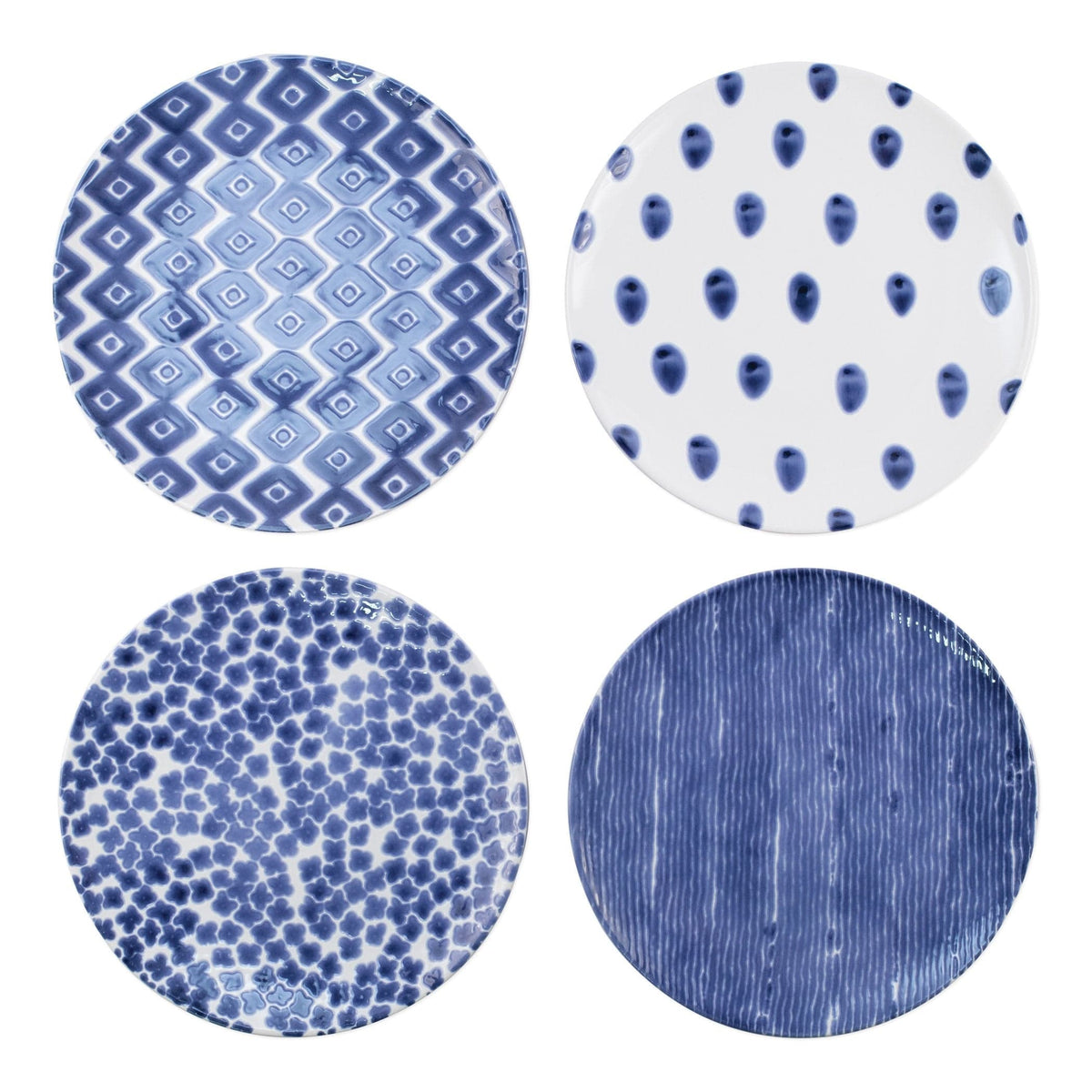 Santorini Assorted Dinner Plates - Set of 4, hand-painted blue and white patterns