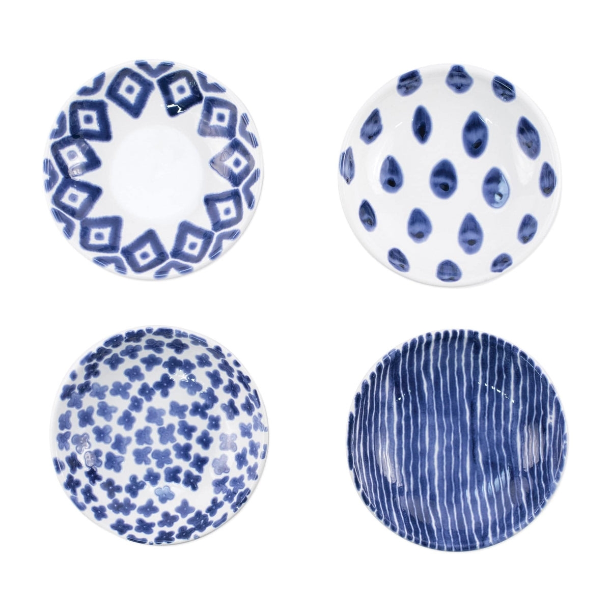 Santorini Assorted Condiment Bowls - Set of 4, hand-painted blue and white patterns