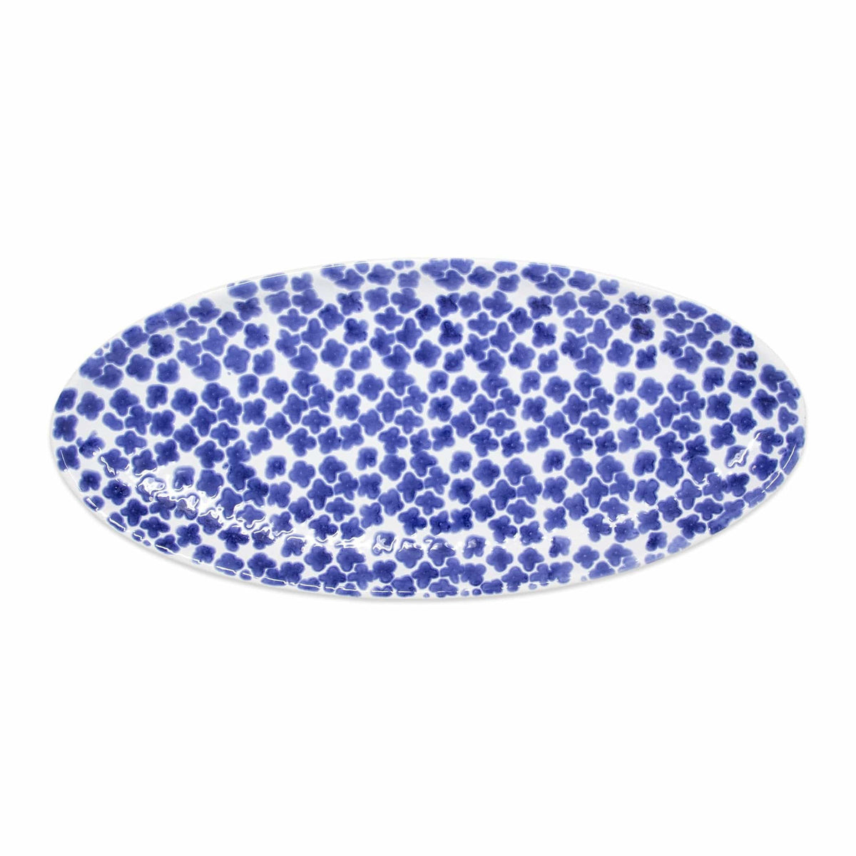 Santorini Flower Narrow Oval Platter, hand-painted tiny blue flowers packed edge to edge