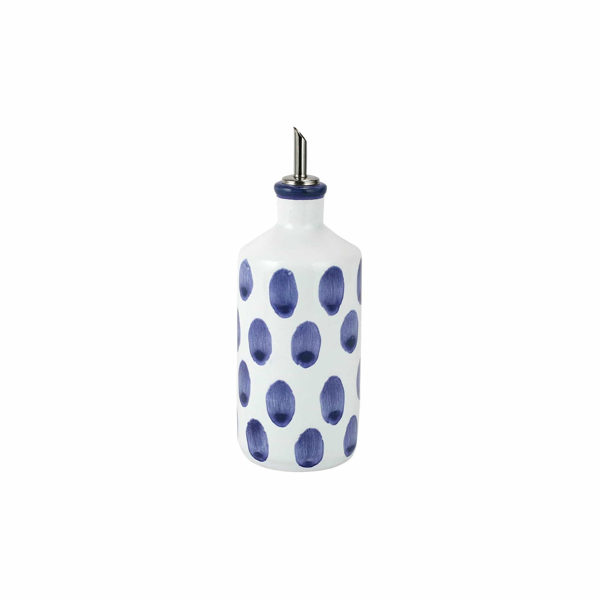 Santorini Dot Olive Oil Bottle, hand-painted blue teardrop dots on white