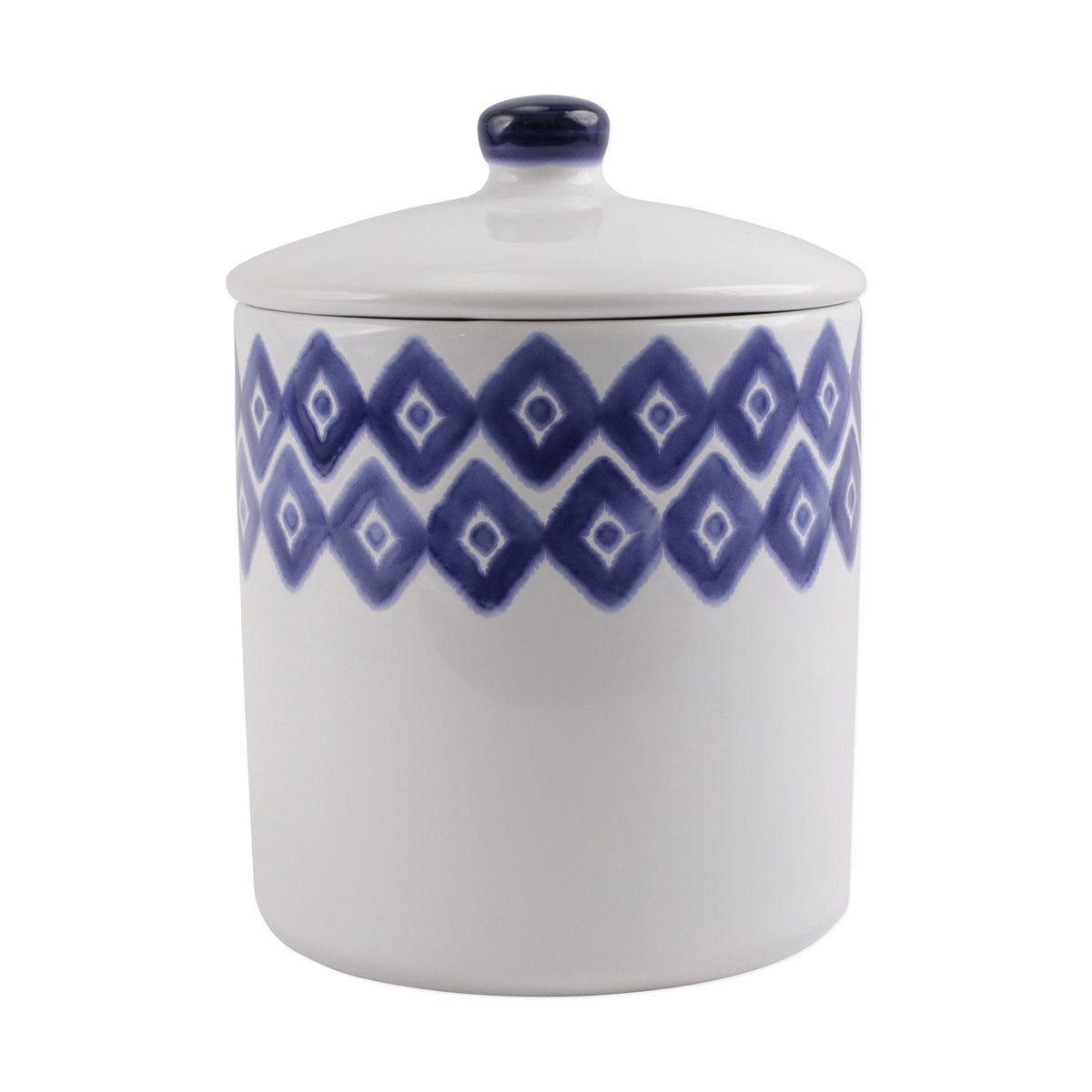 Santorini Diamond Large Canister, hand-painted a blue and white diamond pattern