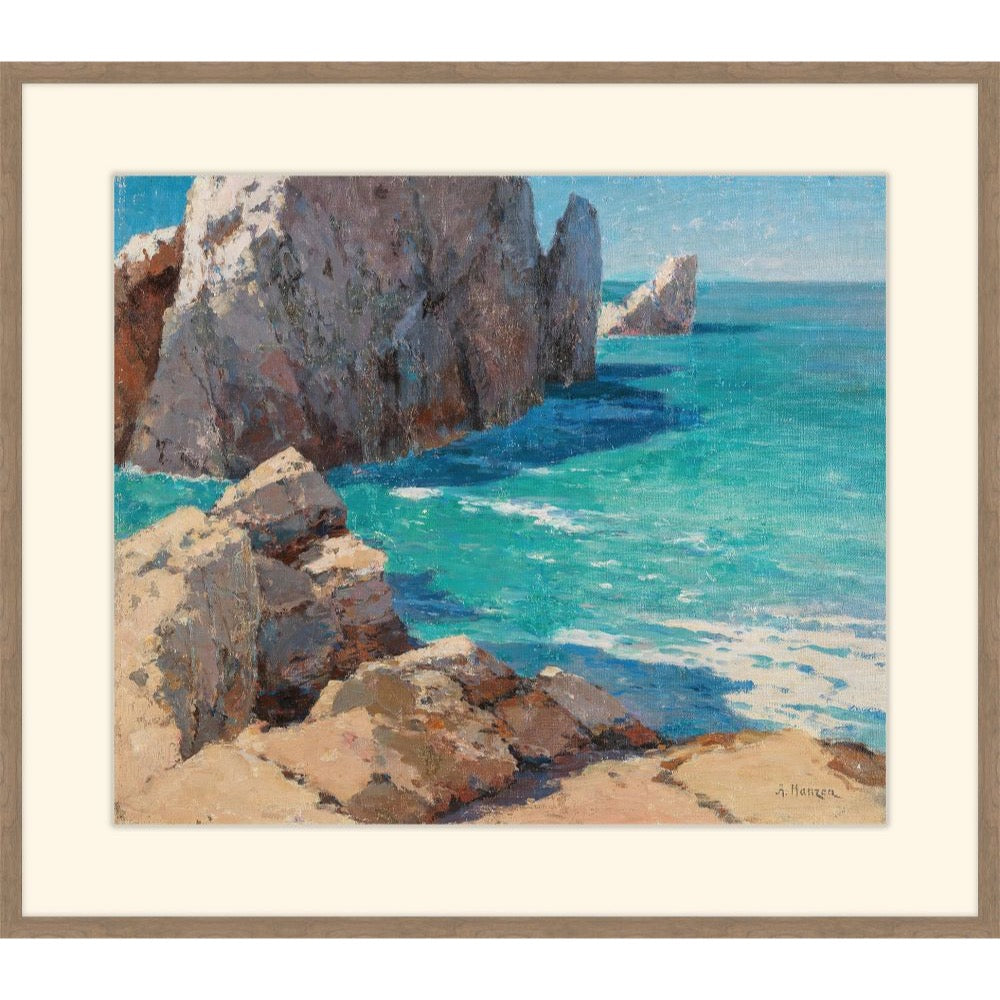 Painting of sunlit rocky cliffs above turquoise sea, floated on a cream mat in a light walnut frame