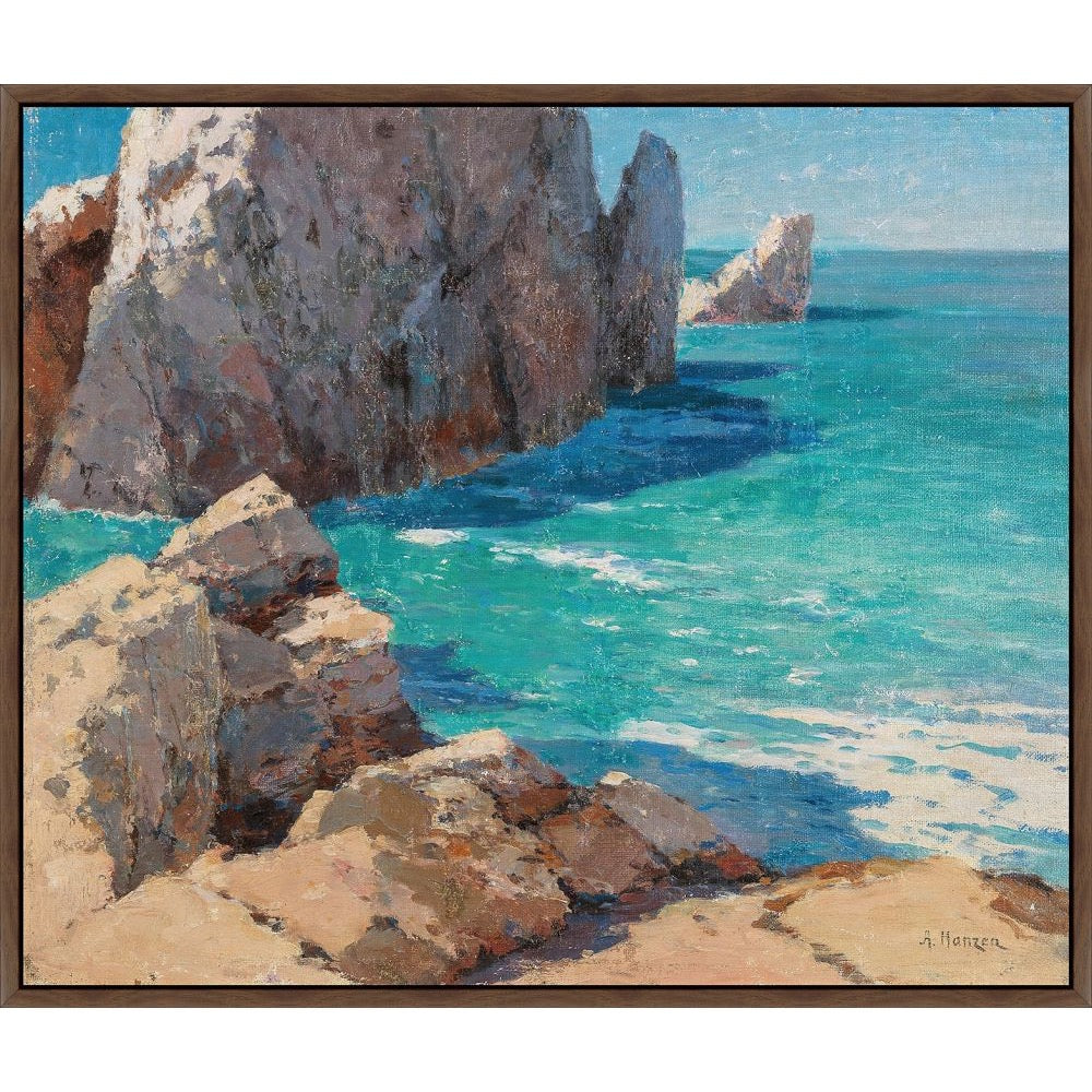 Painting of sunlit rocky cliffs above turquoise sea, on canvas in a walnut floater frame