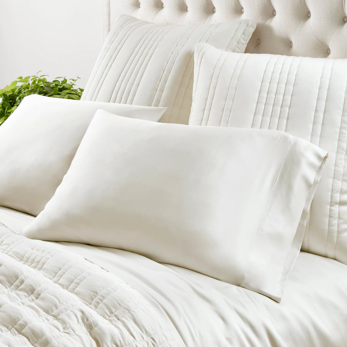 Blissful Bamboo Sheet Set, Pearl, styled on the bed - Starboard Lane