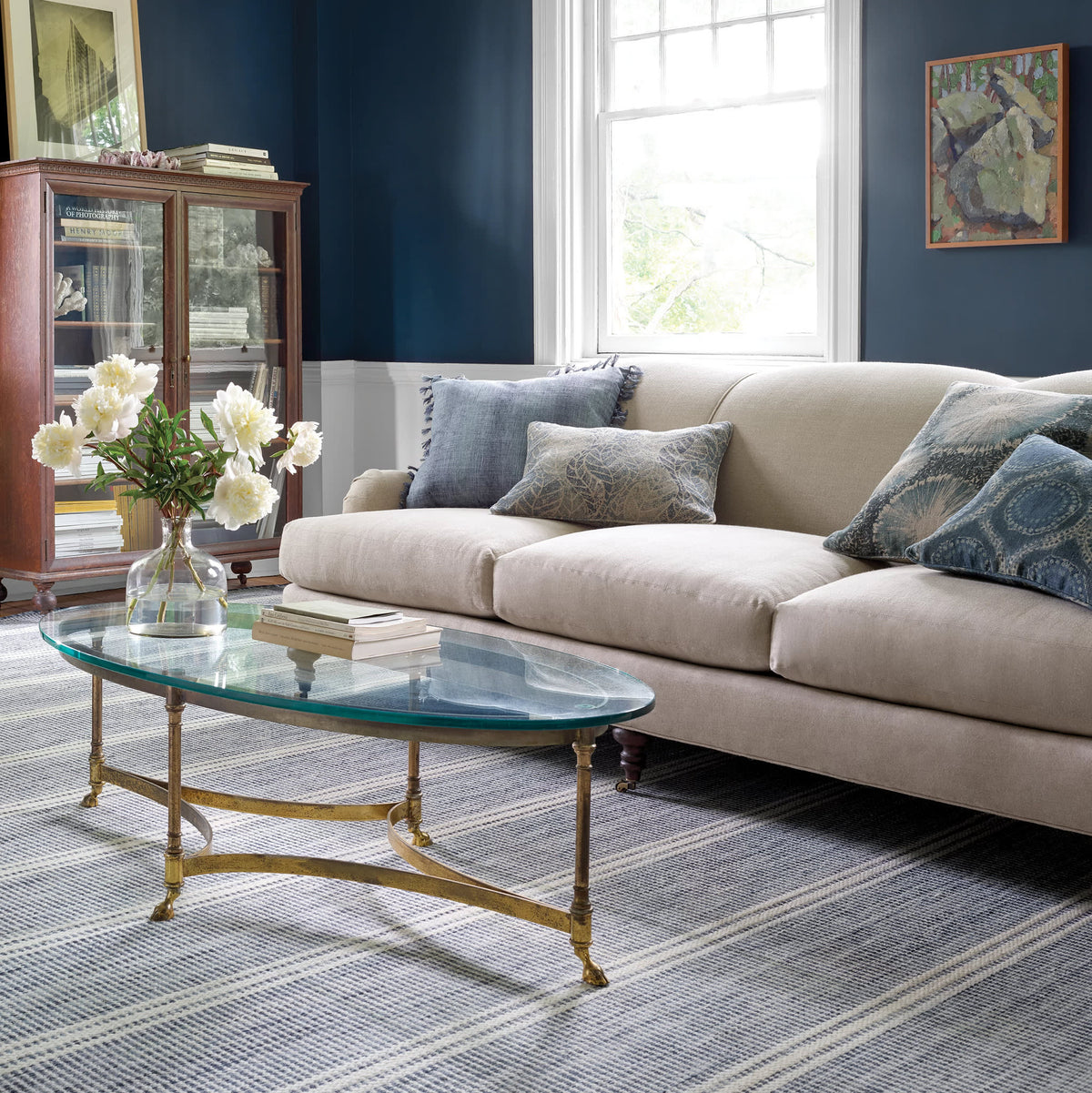 Malta Handwoven Wool Rug, Blue, styled in a room - Starboard Lane