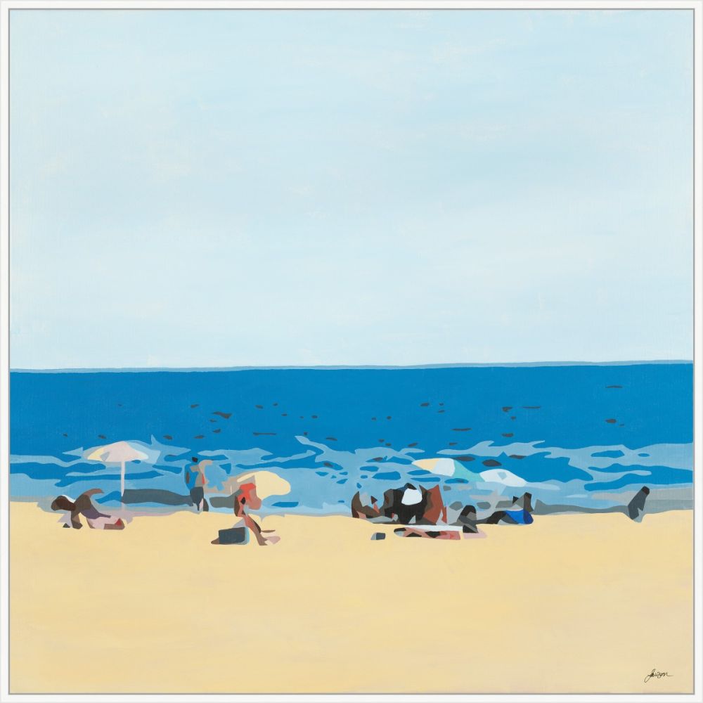Minimal painting of a sandy beach with umbrellas and sunbathers, on canvas in a white floater frame