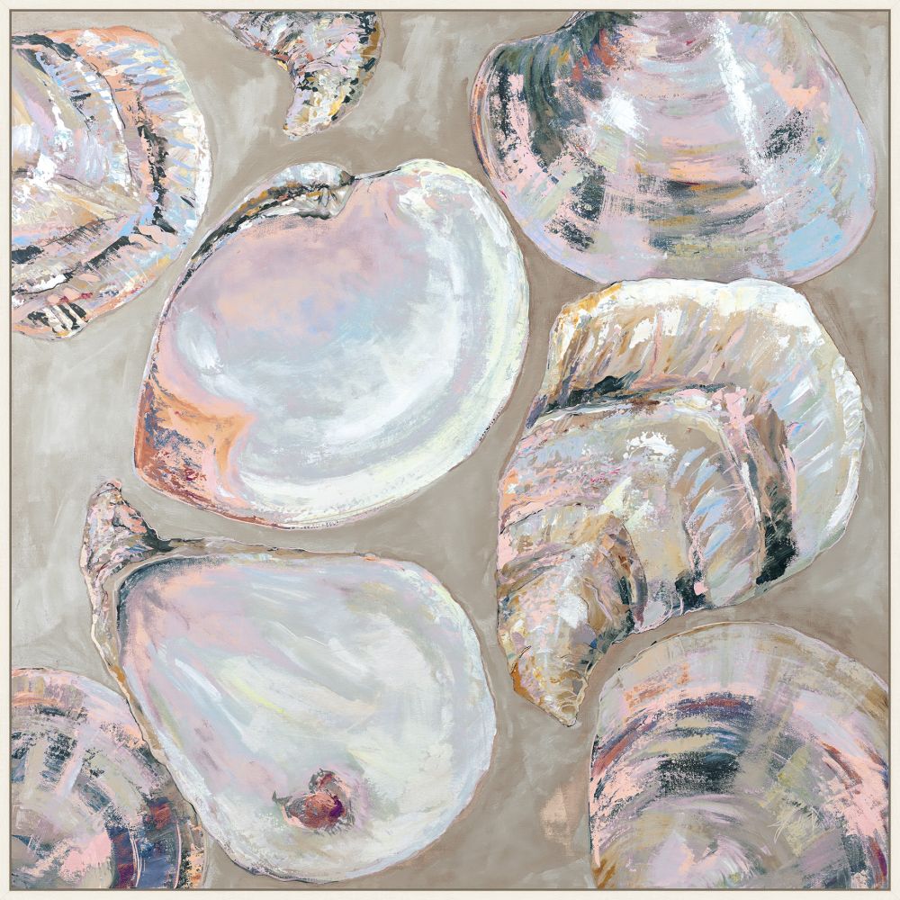 Painting of pearly oyster shells in blush, lavender, and gray on canvas