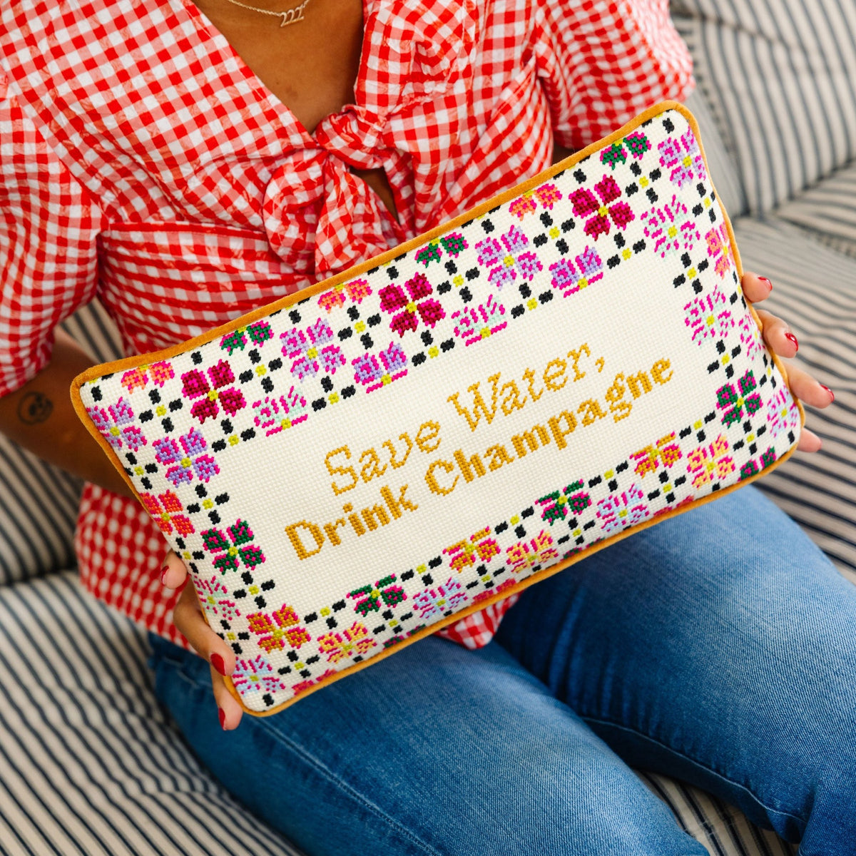Drink Champagne Needlepoint Pillow, styled - Starboard Lane