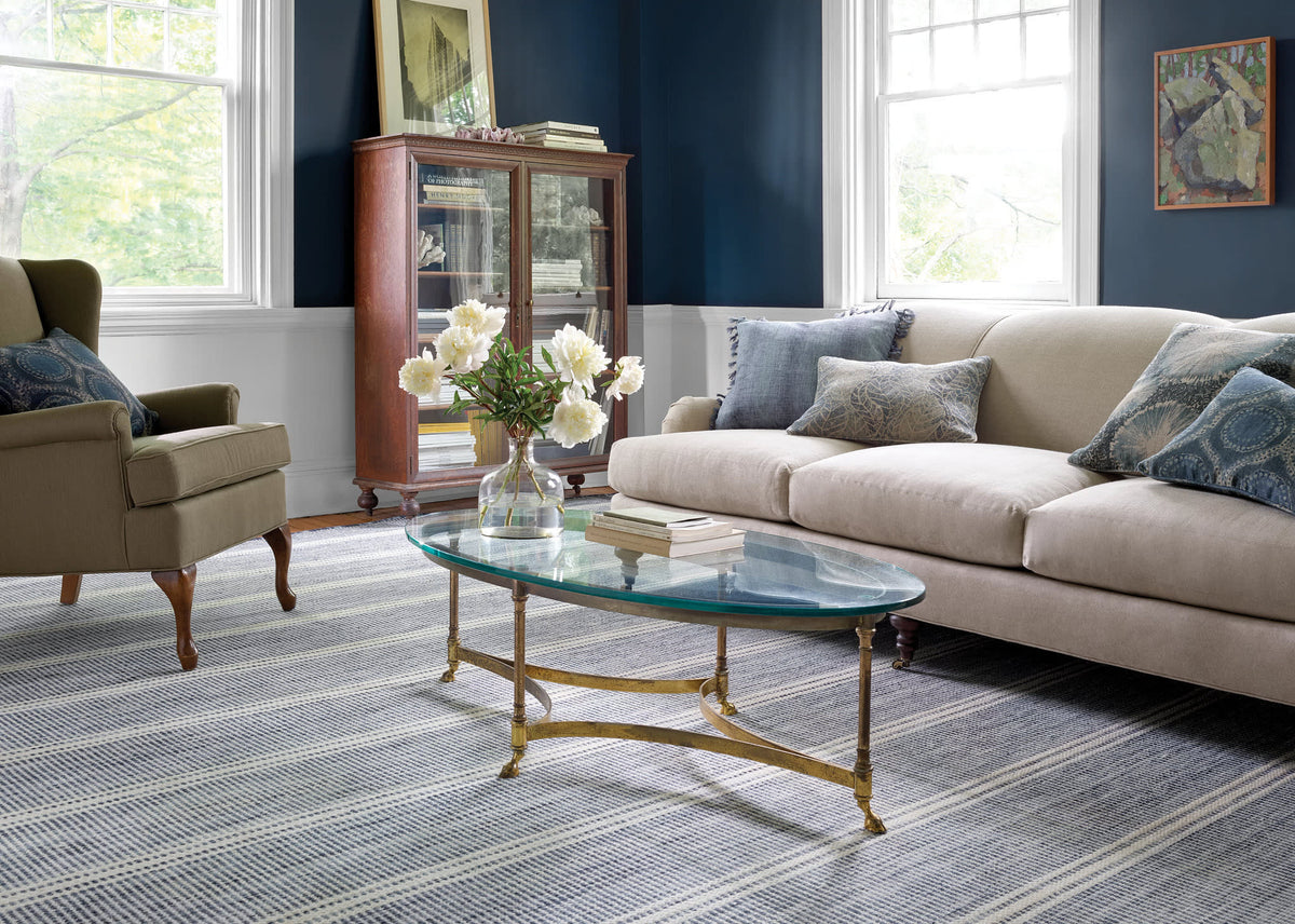 Malta Handwoven Wool Rug, Blue, styled in a room - Starboard Lane