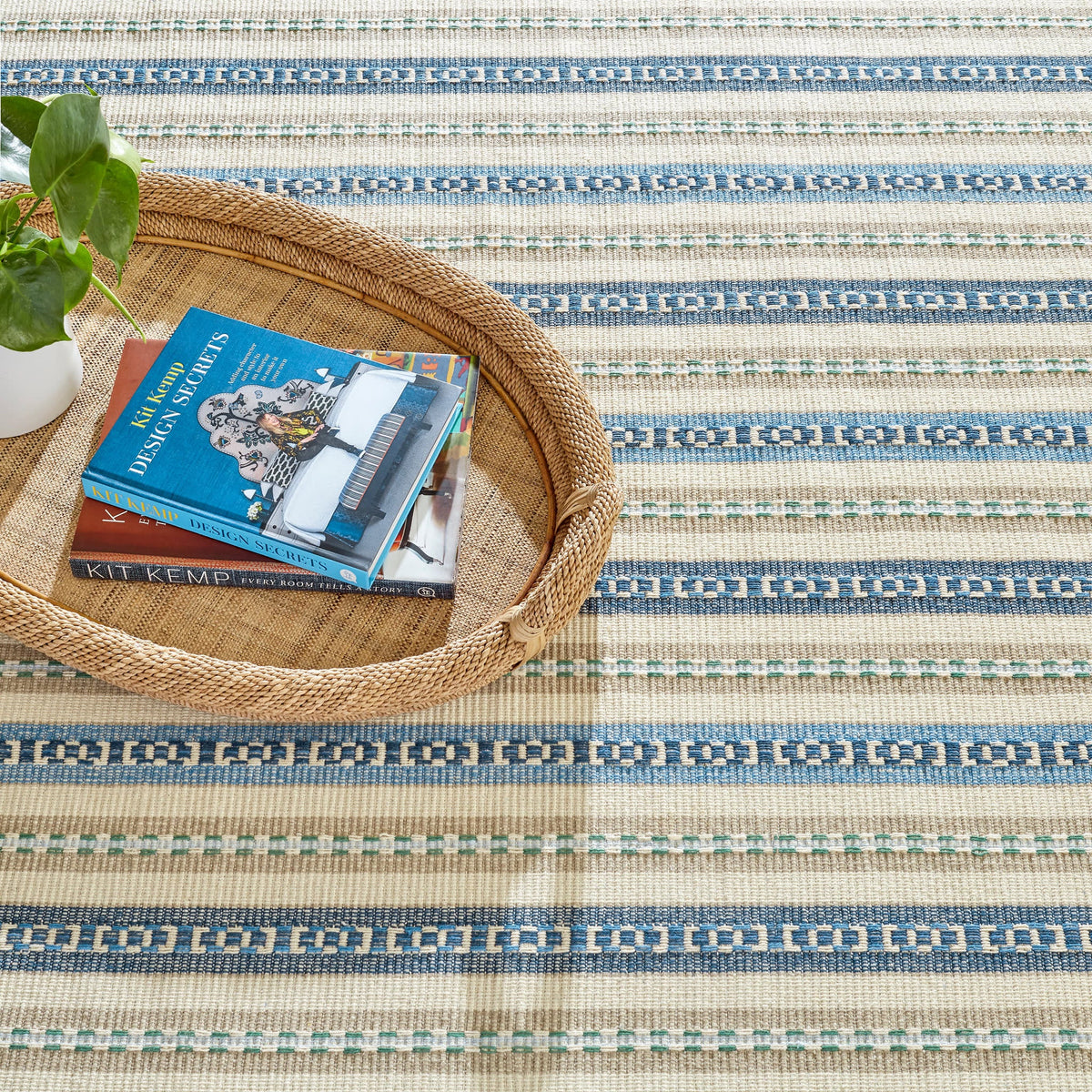 Long Slade Handwoven Cotton Rug, Indigo, styled in a room - Starboard Lane