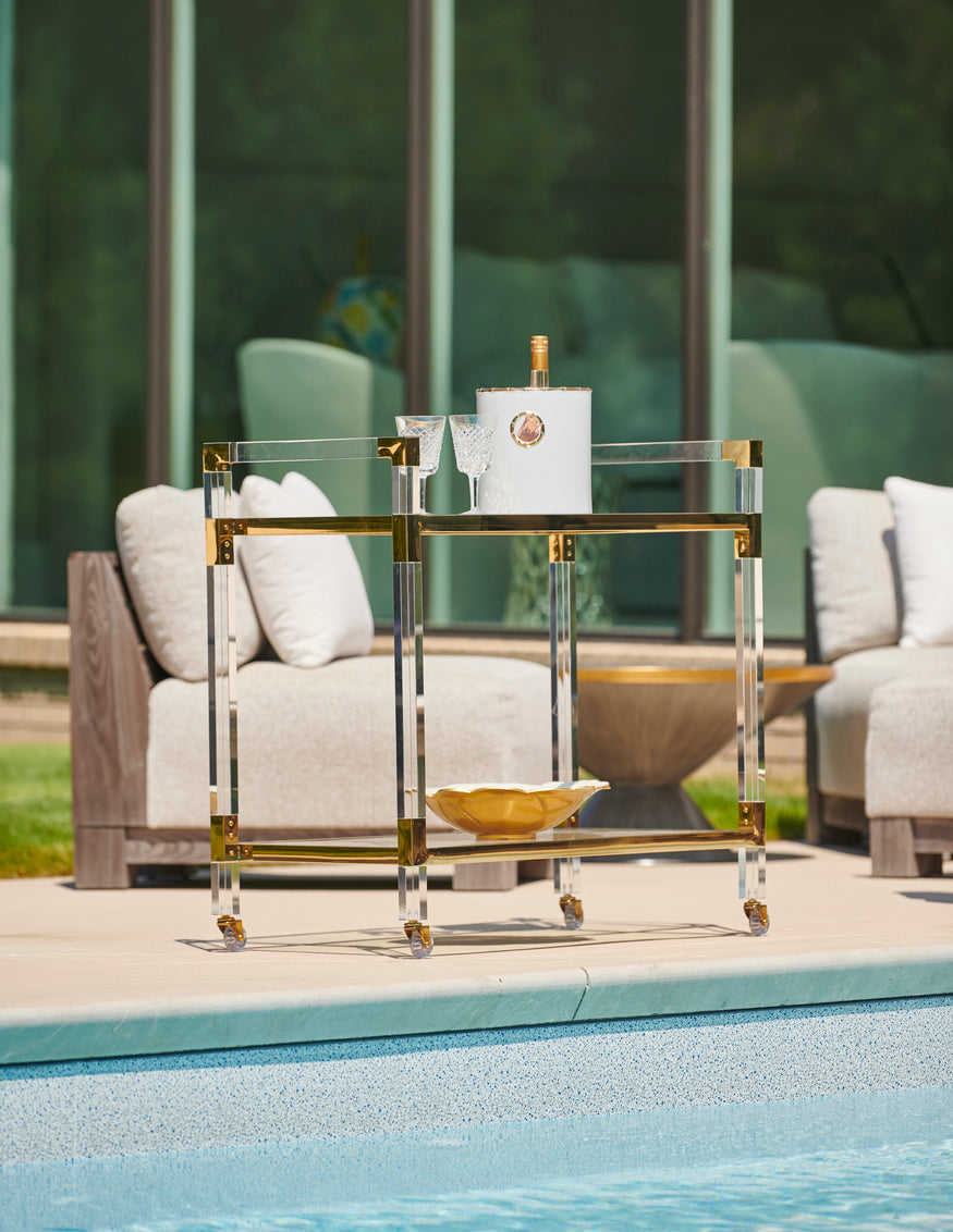 Acrylic Bar Cart - Brass, detail - Starboard Lane
