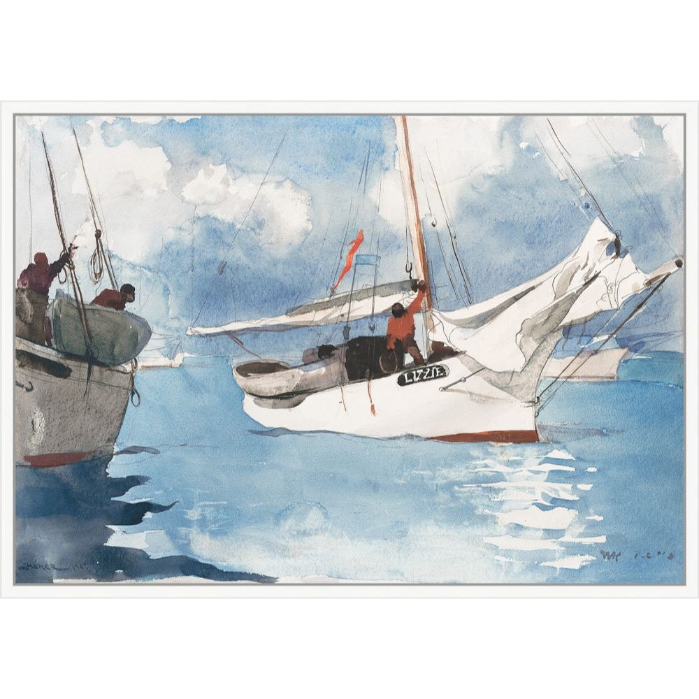 Winslow Homer watercolor of fishing boats in Key West, on canvas in a white floater frame