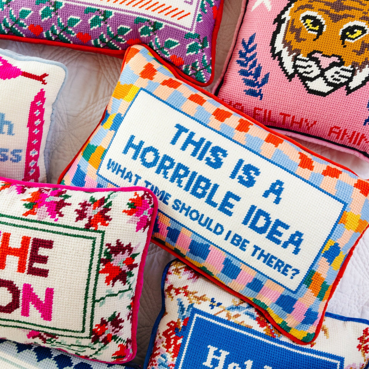 Horrible Idea Needlepoint Pillow, styled - Starboard Lane