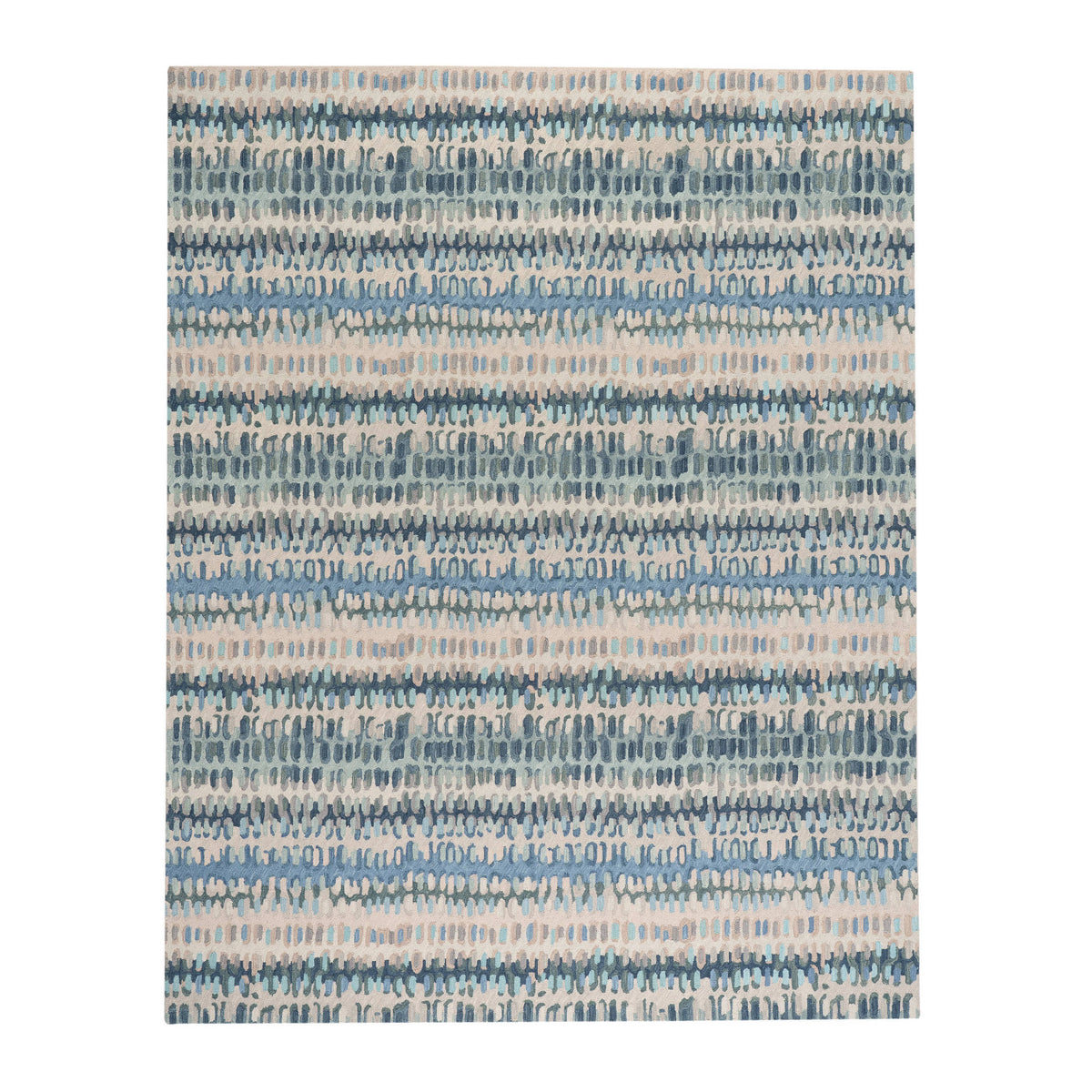 Paint Chip Hooked Wool Rug, Blue, styled in a room - Starboard Lane