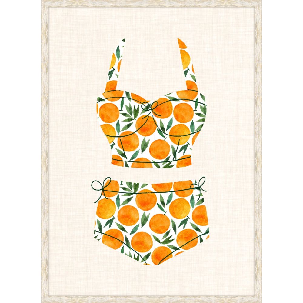 Illustration of a vintage two-piece swimsuit in an orange print on a linen background