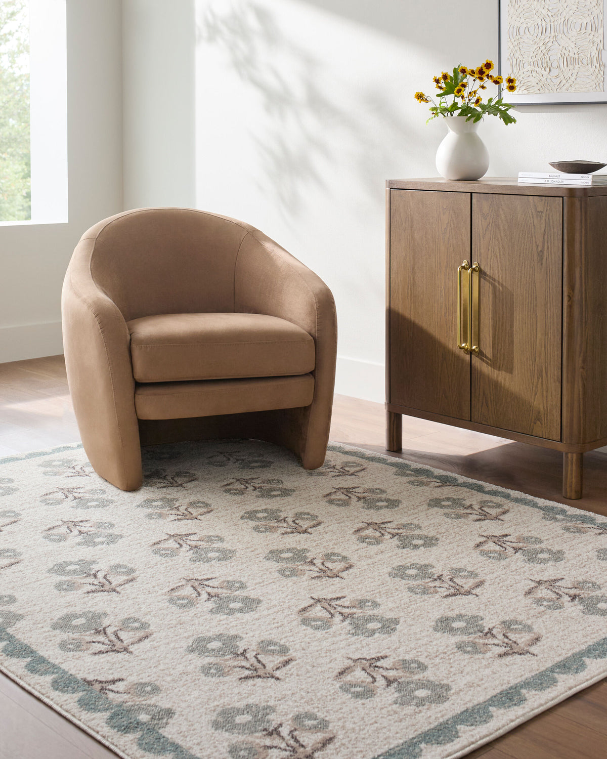 Louise Floral Rug, styled in a room - Starboard Lane
