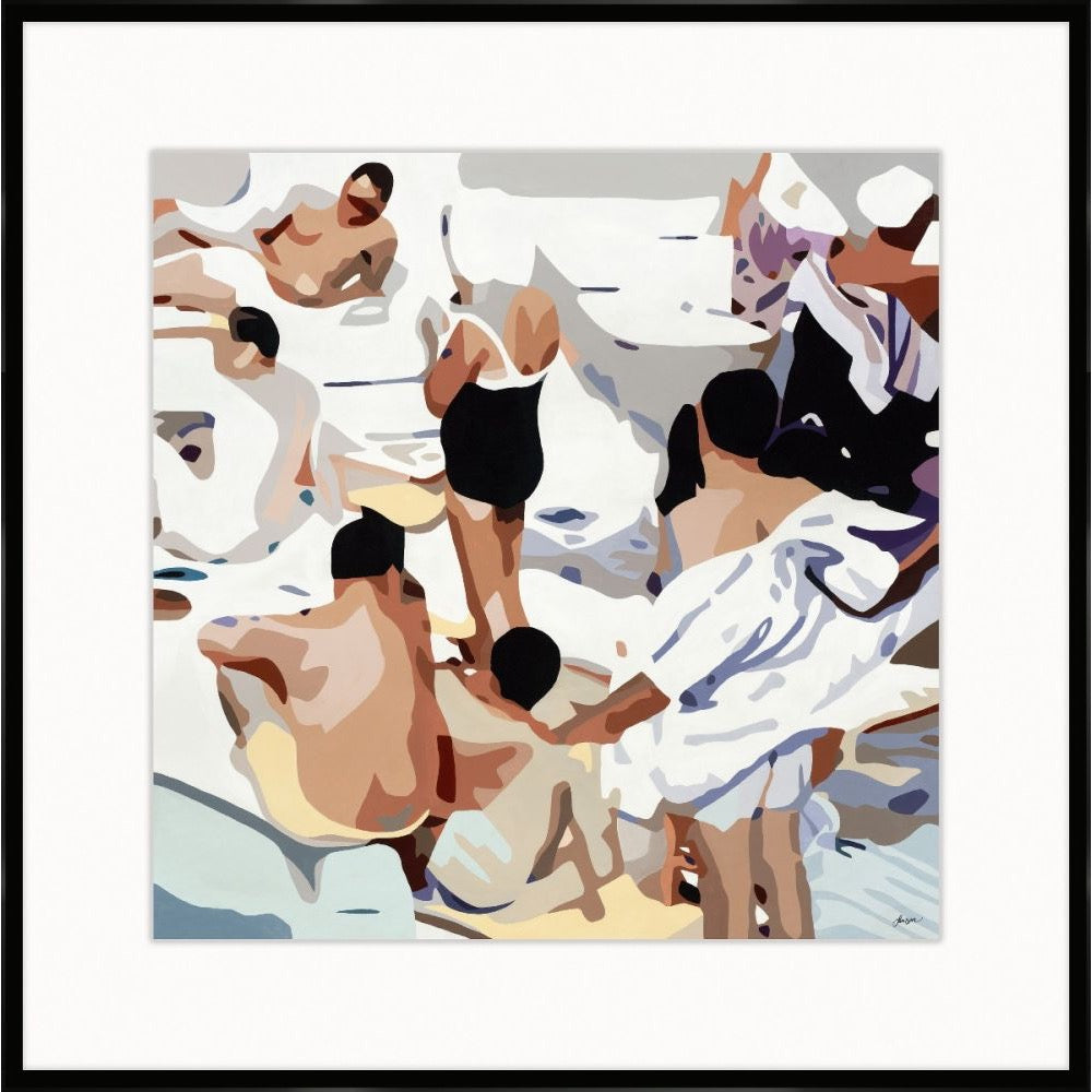 Modern flat-color painting of sunbathers in black swimsuits and white towels, black frame with white mat