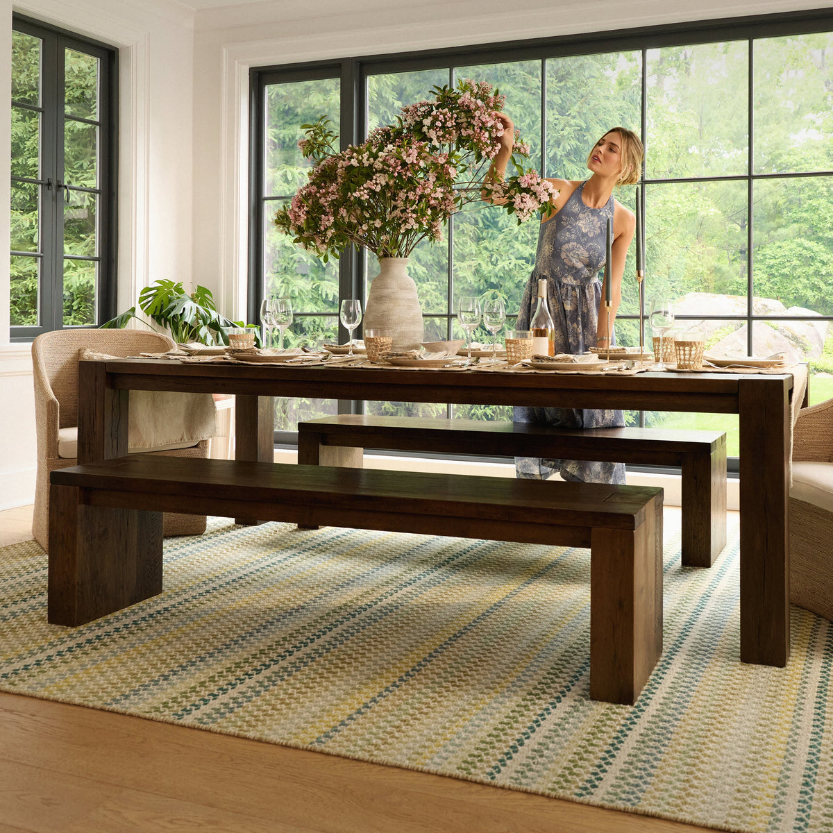 Poppy Handwoven Wool Rug, Moss, styled in a room - Starboard Lane