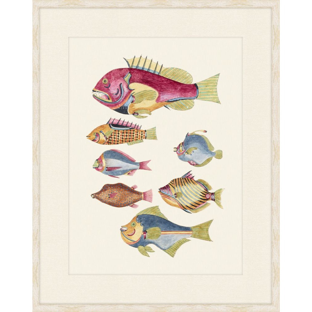 Antique natural history print of colorful tropical fish after Louis Renard, cream frame