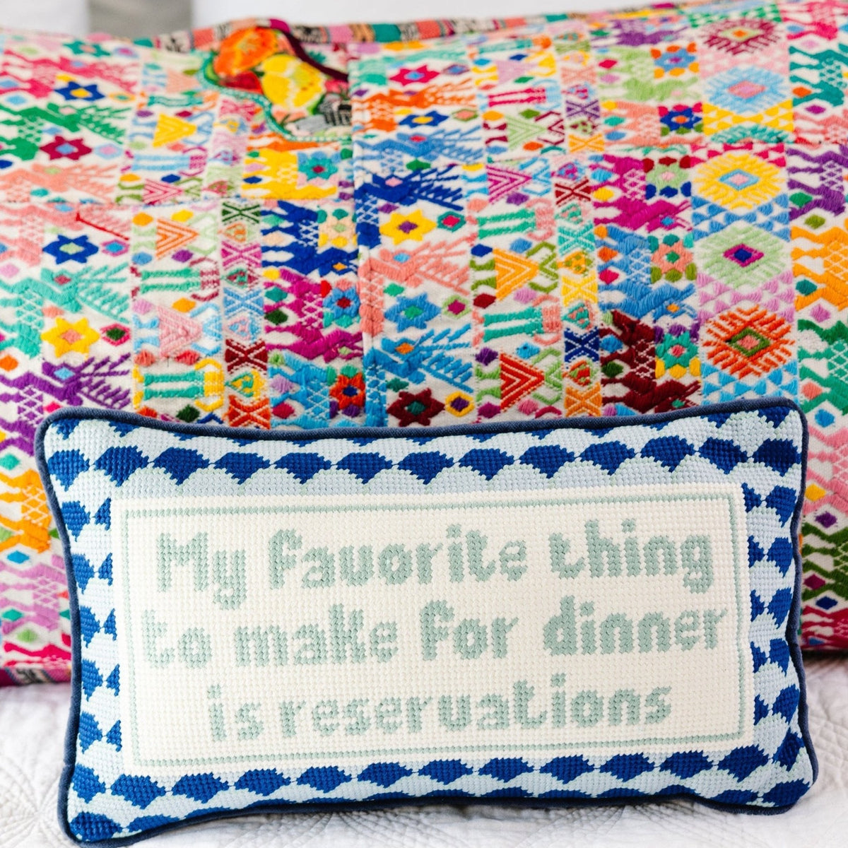 Reservations Needlepoint Pillow, styled - Starboard Lane