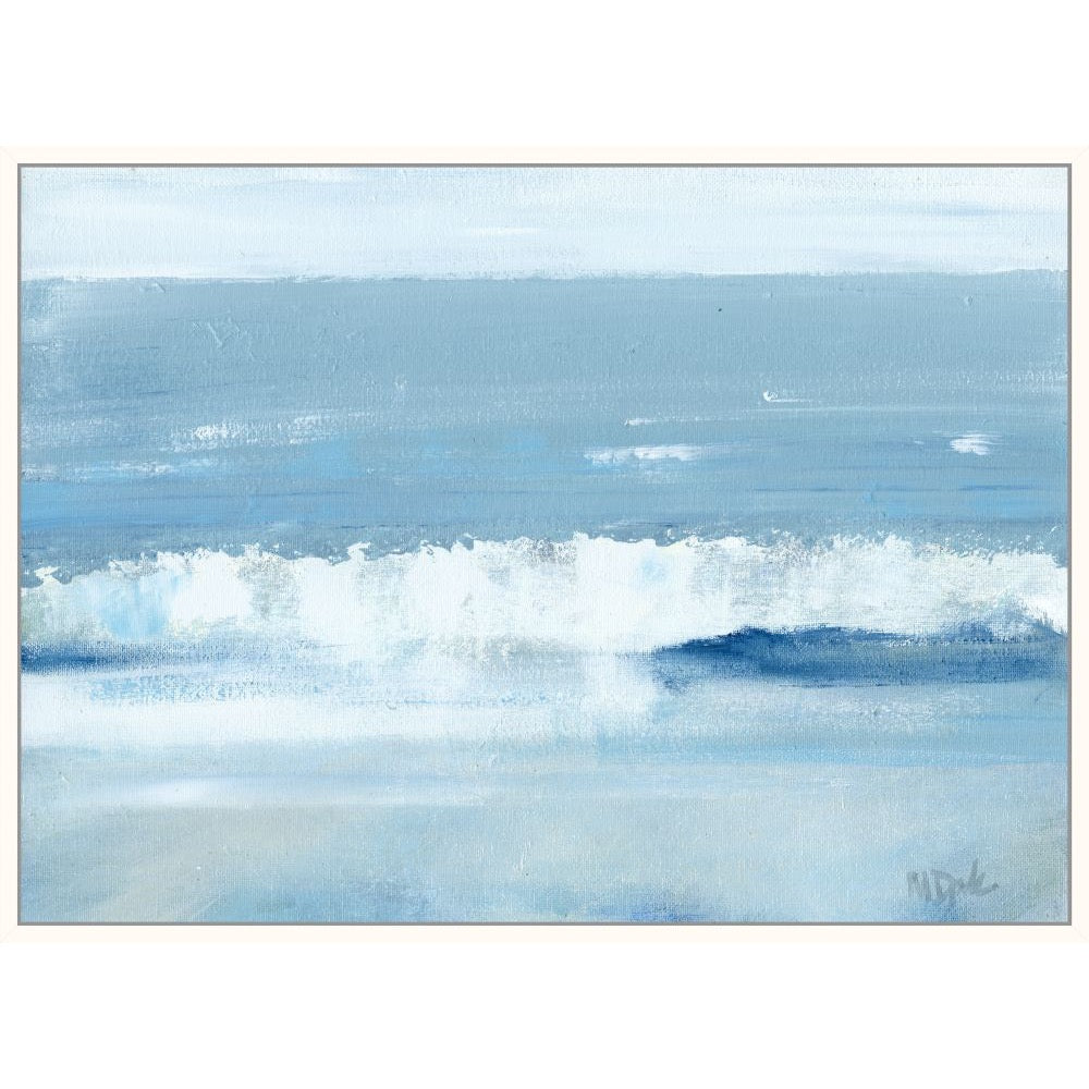 Soft blue and white painting of a breaking wave on canvas in a white floater frame