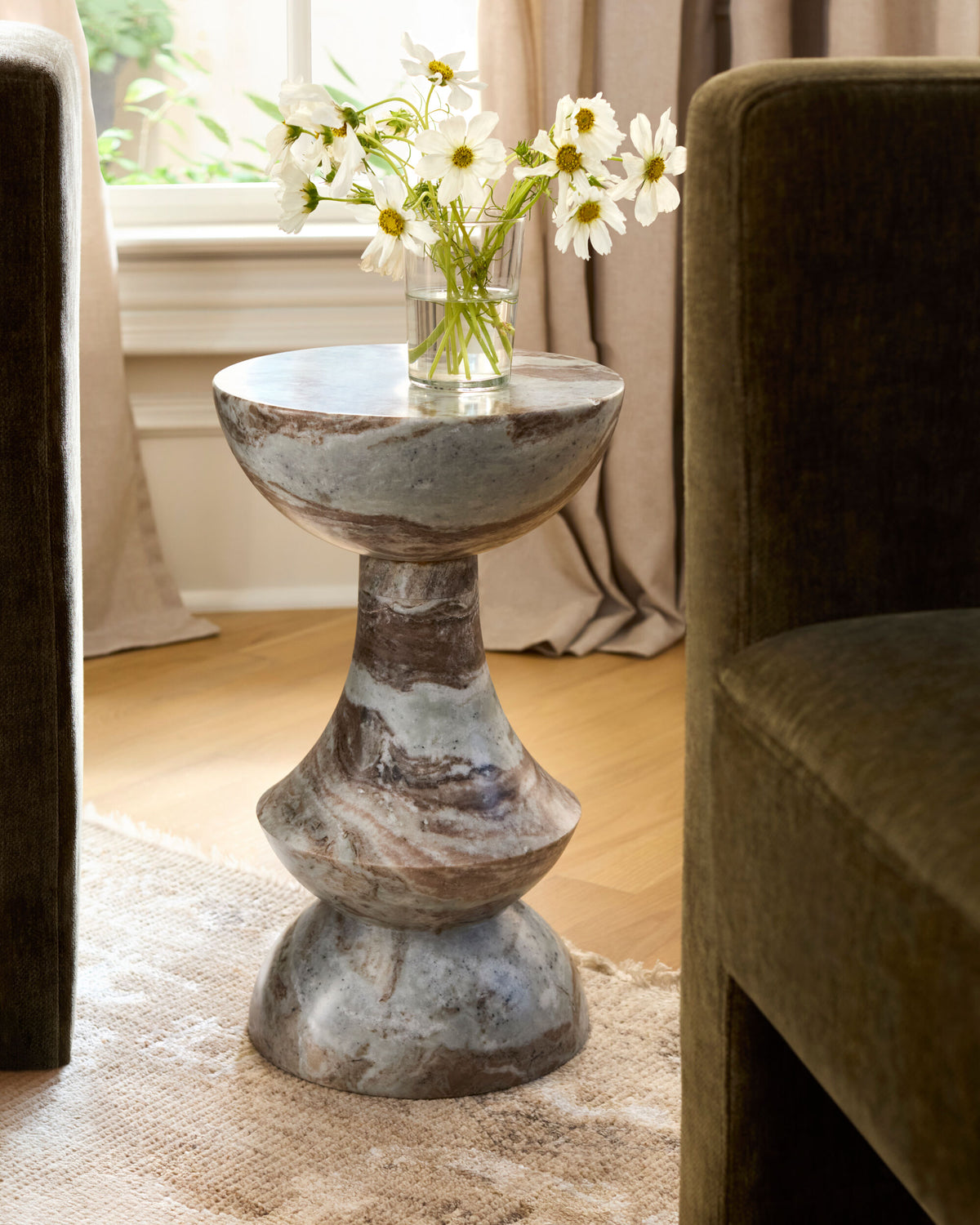 Sheena Pedestal Table, styled in a room - Starboard Lane